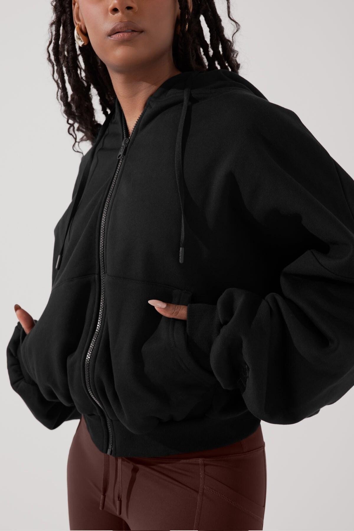 The Champ Clothing Kadın Siyah Kapüşonlu Ceket Bağcıklı Sweatshirt Fermuarlı 3 İplik Şardonlu Oversize Kesim görsel 5