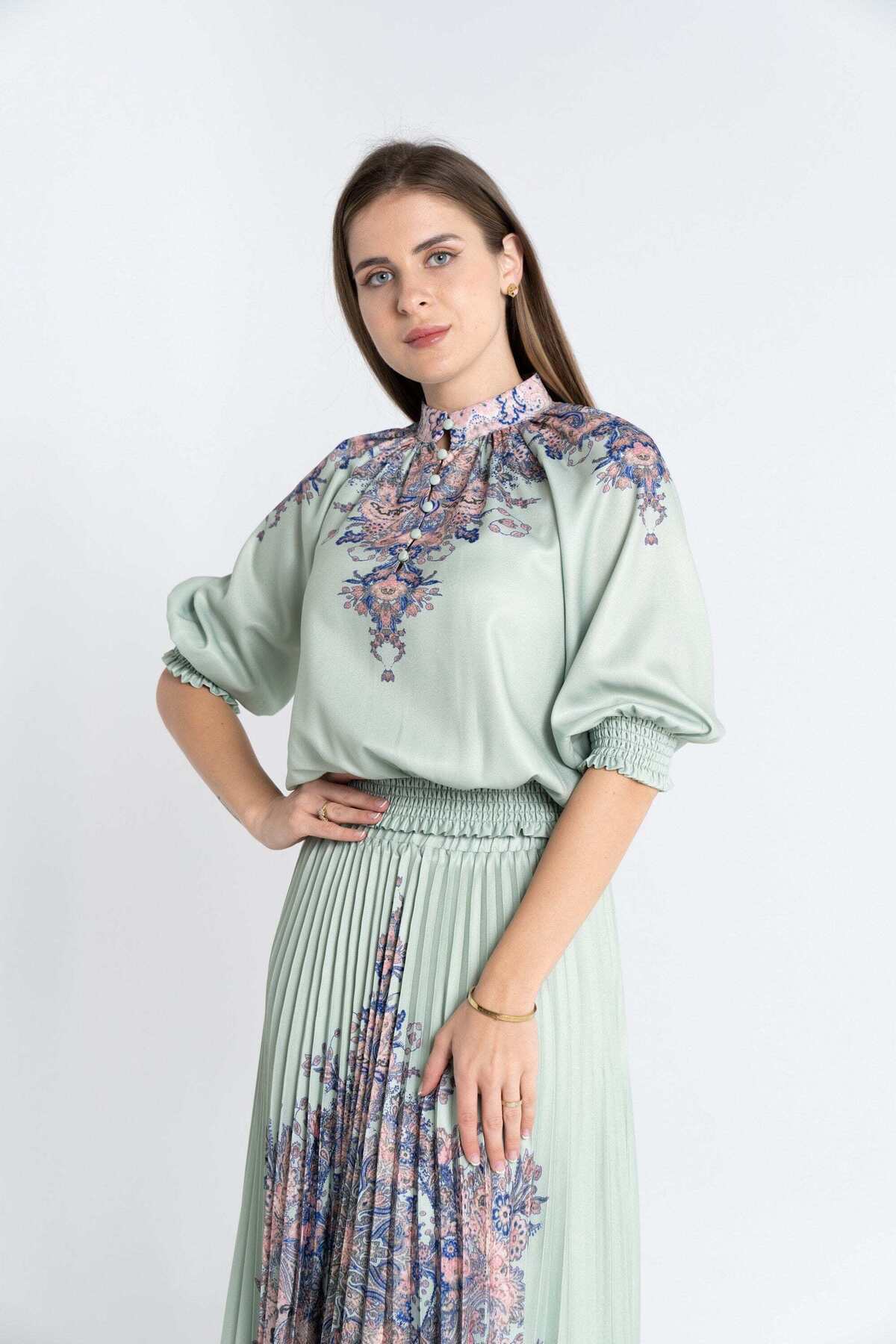 Nichii-Classic Printed Top with Front Buttons and 3/4 Sleeves 1