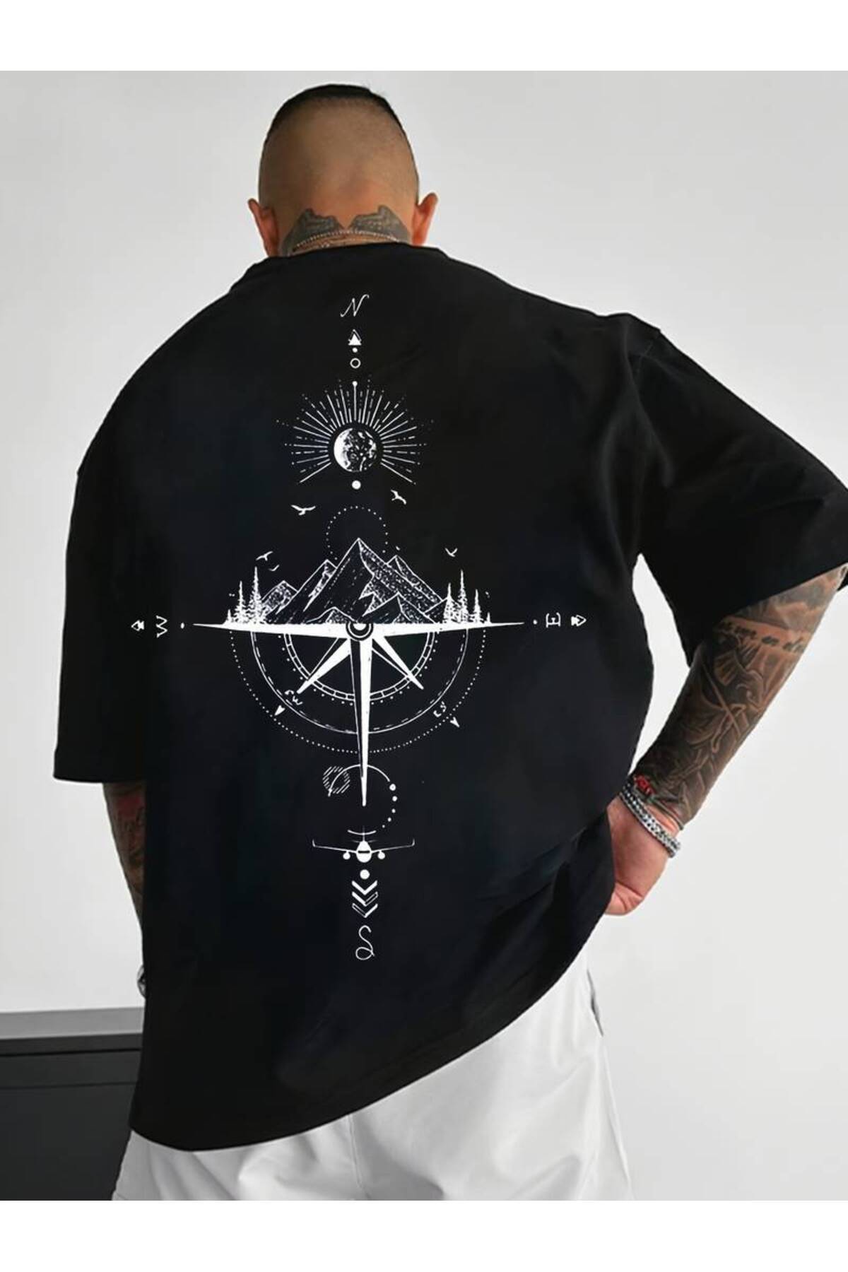 Harajuku Style Tricou negru cu imprimeu Sun and Mountain Compass pentru bărba...