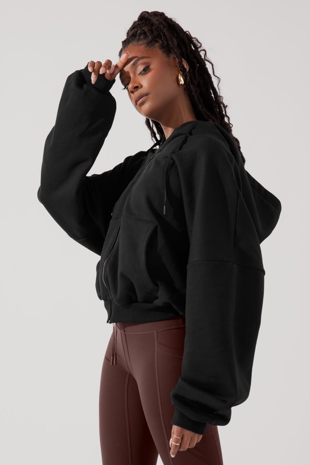 The Champ Clothing Kadın Siyah Kapüşonlu Ceket Bağcıklı Sweatshirt Fermuarlı 3 İplik Şardonlu Oversize Kesim görsel 4
