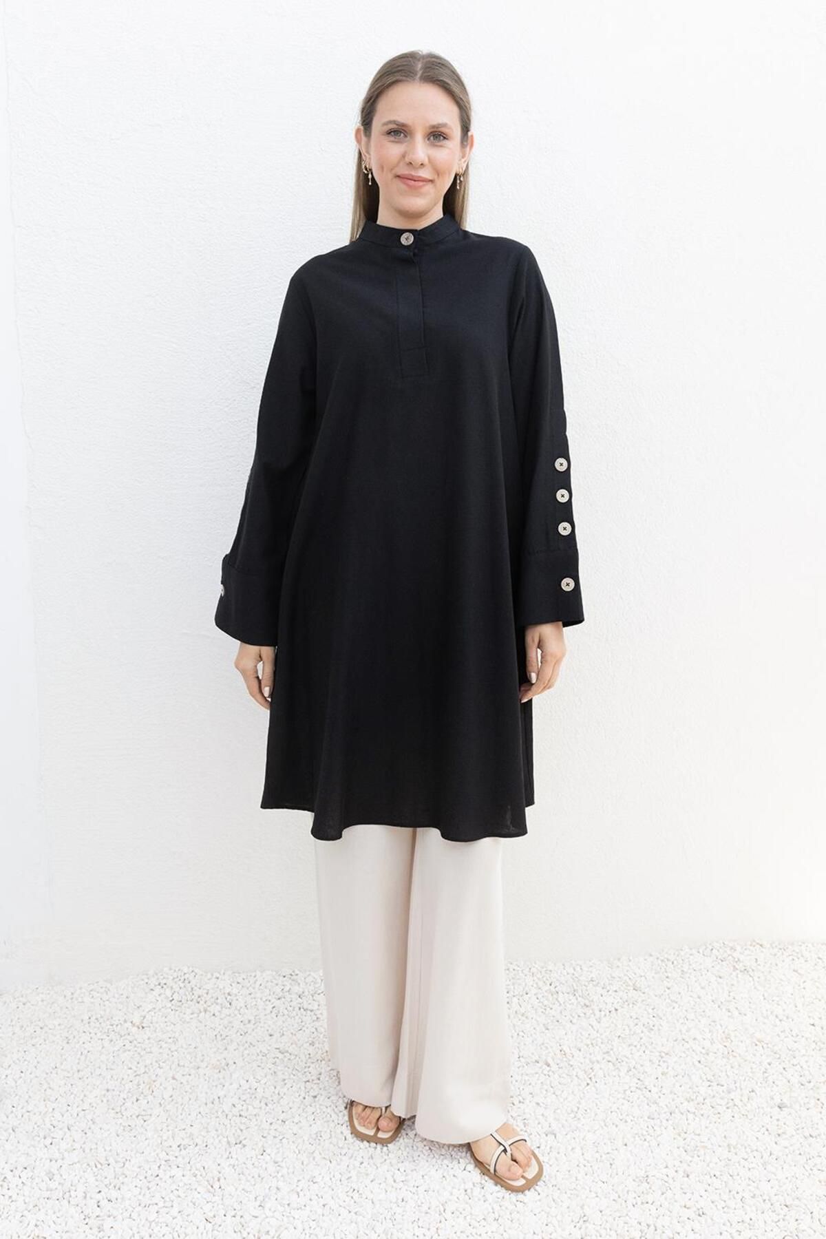 ALLDAY-Black-Linen Tunic with Cufflinks 2