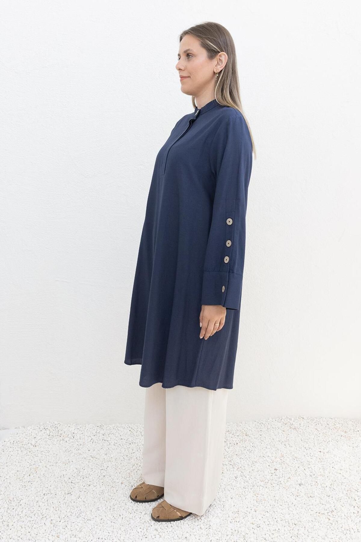 ALLDAY-Indigo-Cuff Button Linen Tunic 3