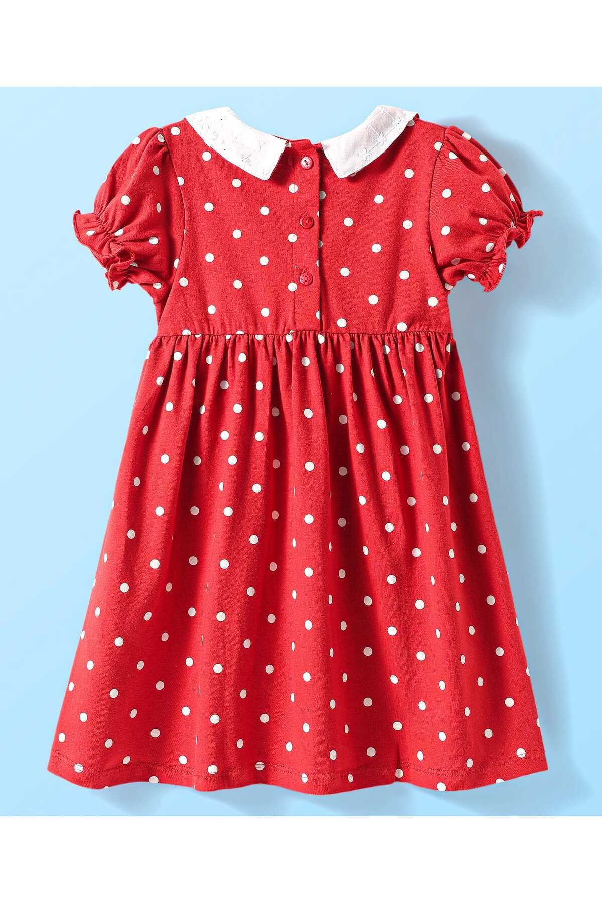 Babyhug-Cotton Frock with Bloomer and Polka Dots Print - Red 3