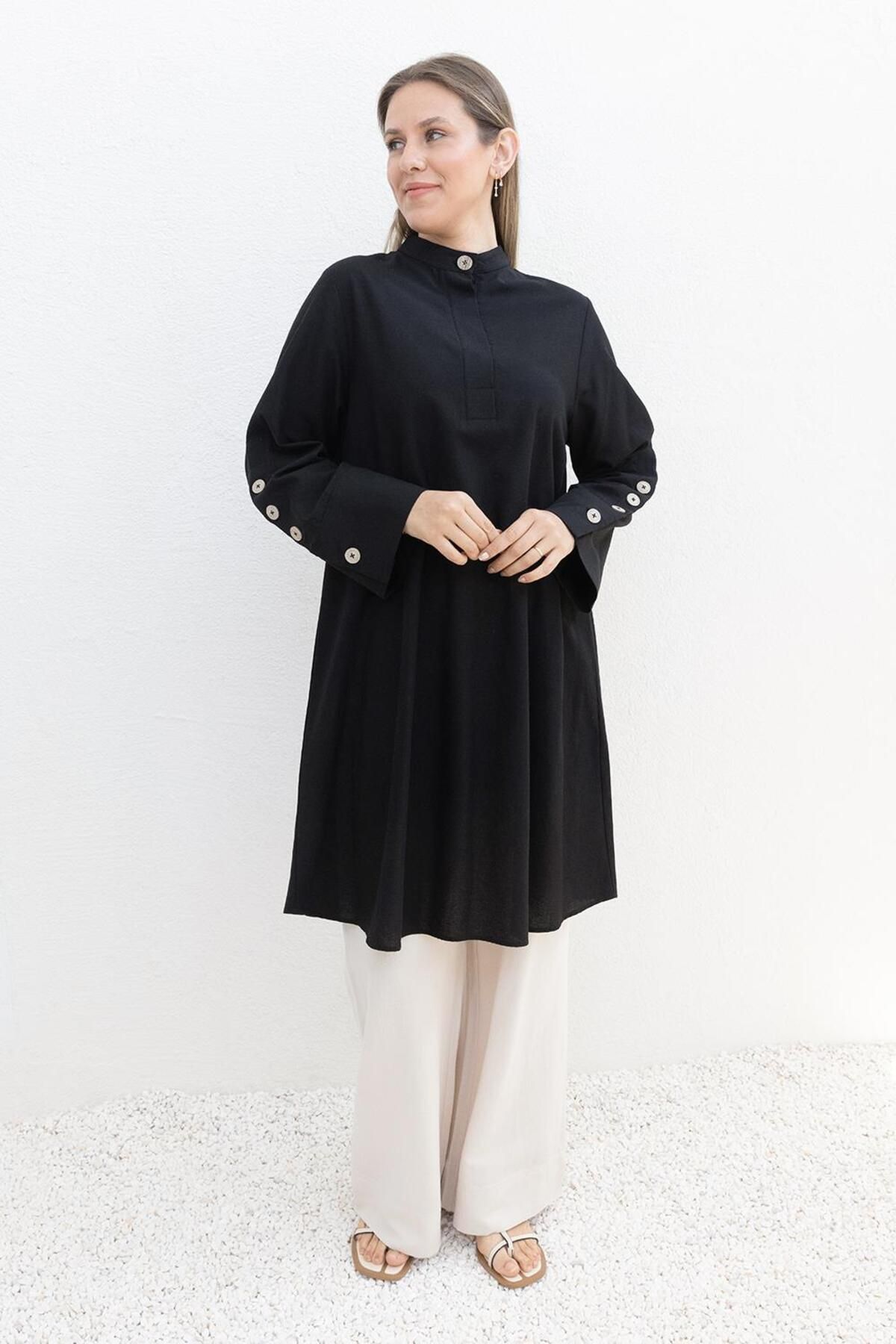 ALLDAY-Black-Linen Tunic with Cufflinks 1