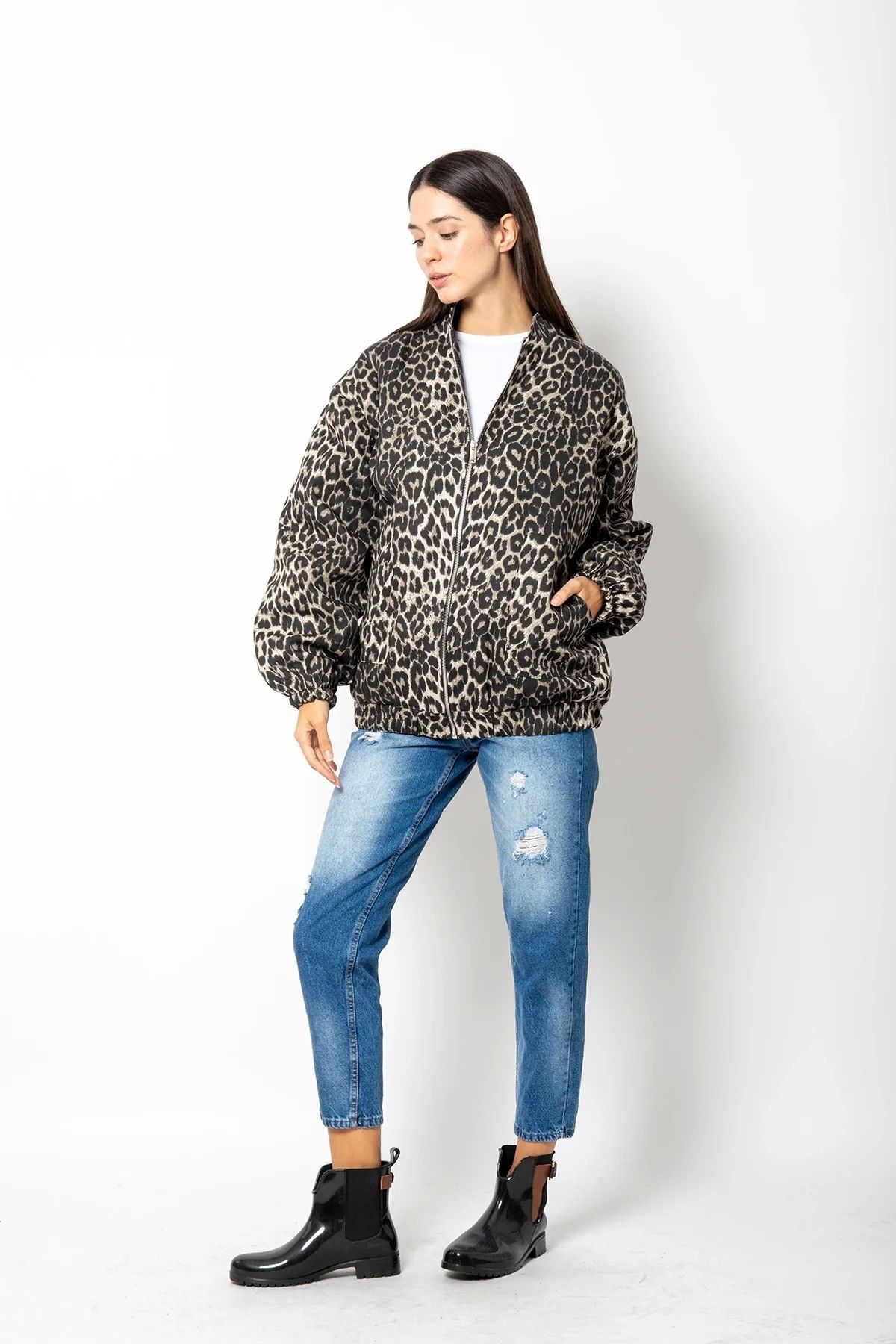 Bak Moda-Leopard Patterned Zippered Brown Quilted Jacket 3