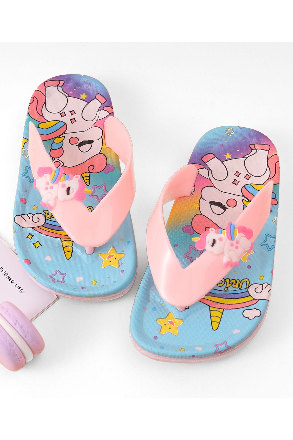 SAPS-Unicorn Print Slip On Flip Flops - Blue 1