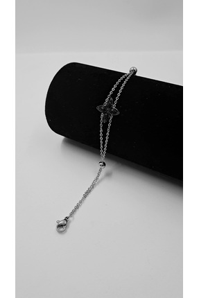 Zarafet Takı Silver Topçuk Detay Çift Minimal Zincir Siyah Taşlı Çiçek Tasarı...