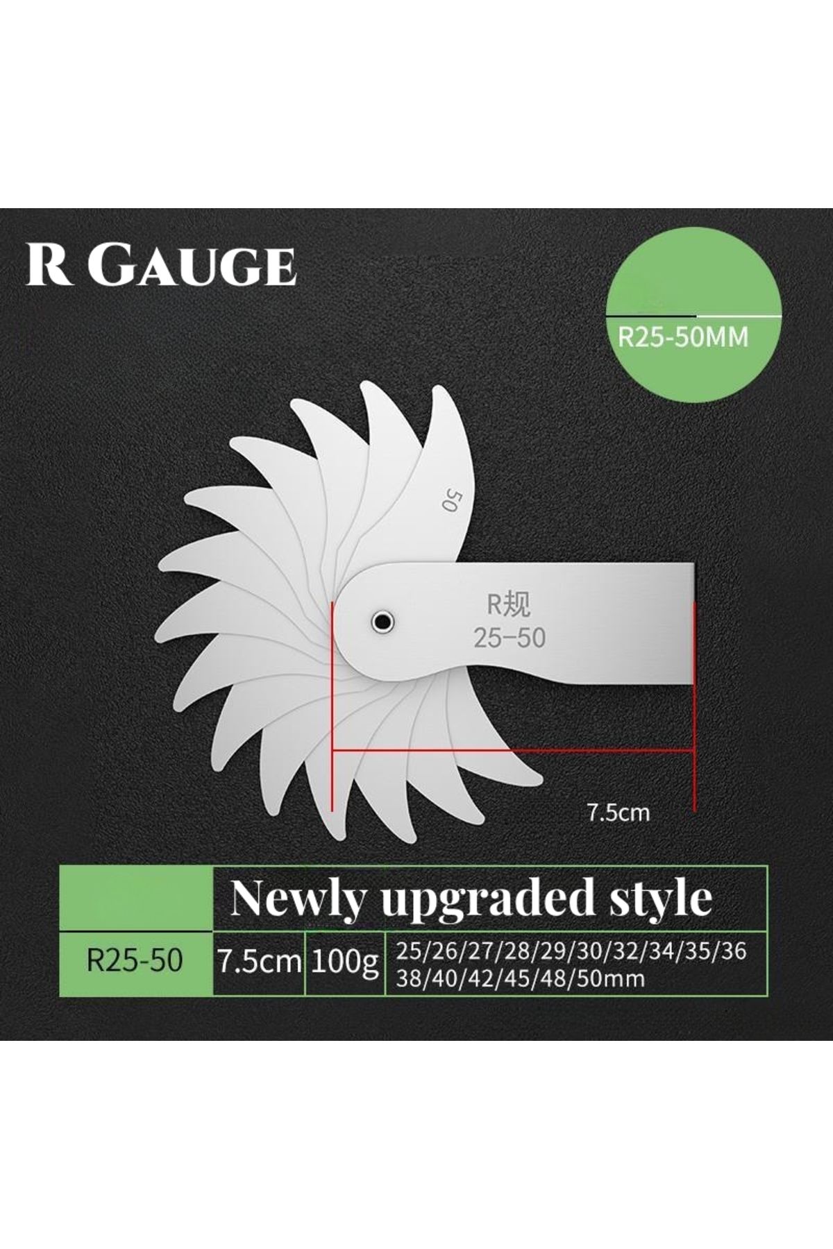 Choice4-مجموعة كاملة من مقياس R25-50 من الفولاذ المقاوم للصدأ أداة قياس التقريب مقياس نصف القطر عالي الدقة 1