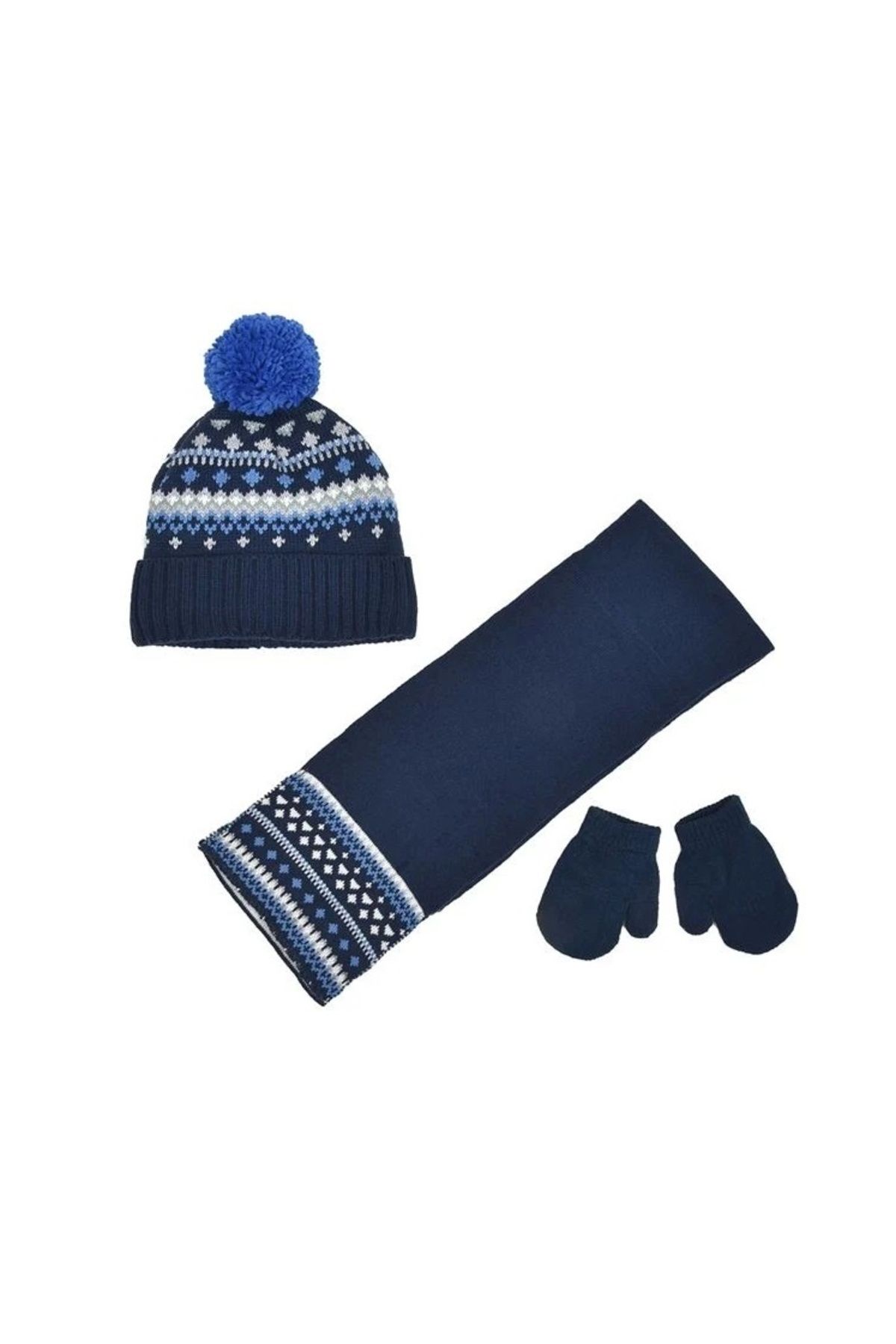 divendi-ro-Set bebeluși 3 piese, bonetă cu pompom, eșarfă și mănuși, acril, 9 luni, albastru, albastru 1