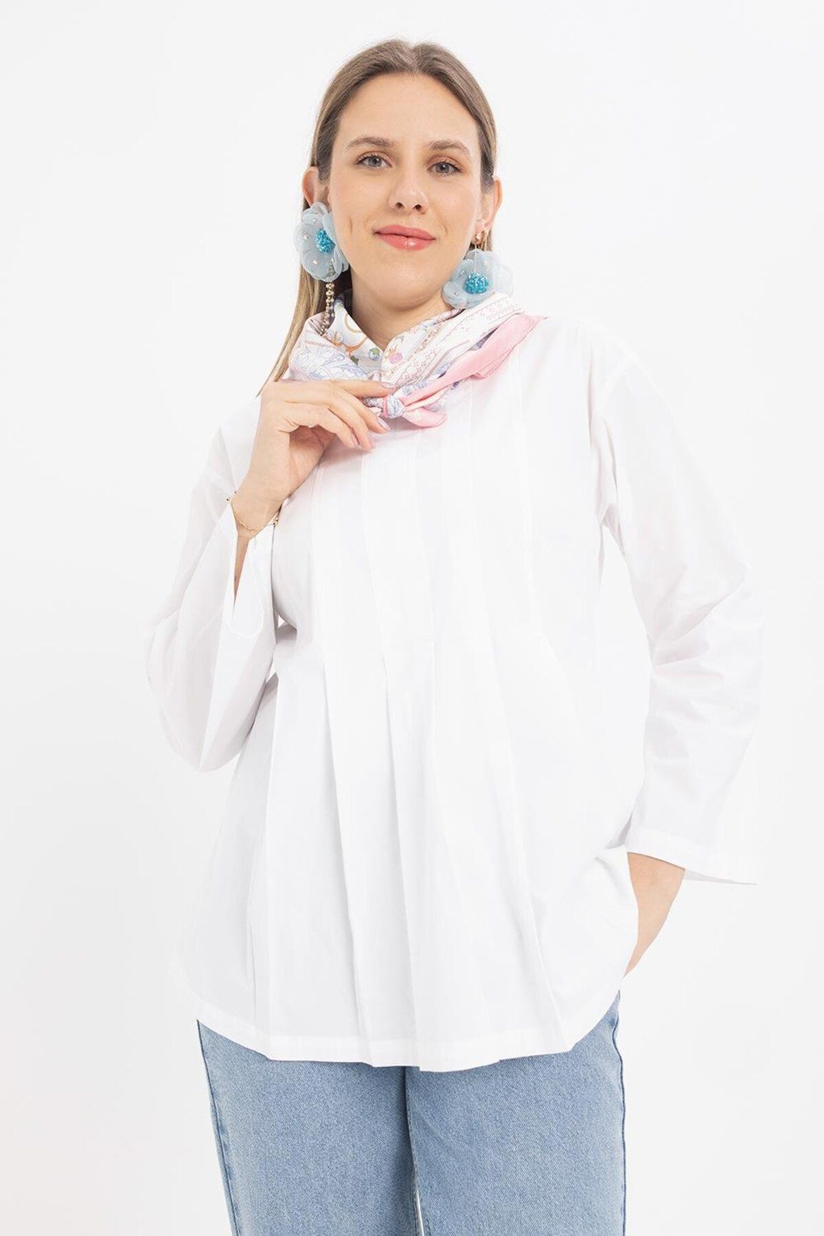 ALLDAY-White-Pleated Hidden Zipper Lycra Blouse 1