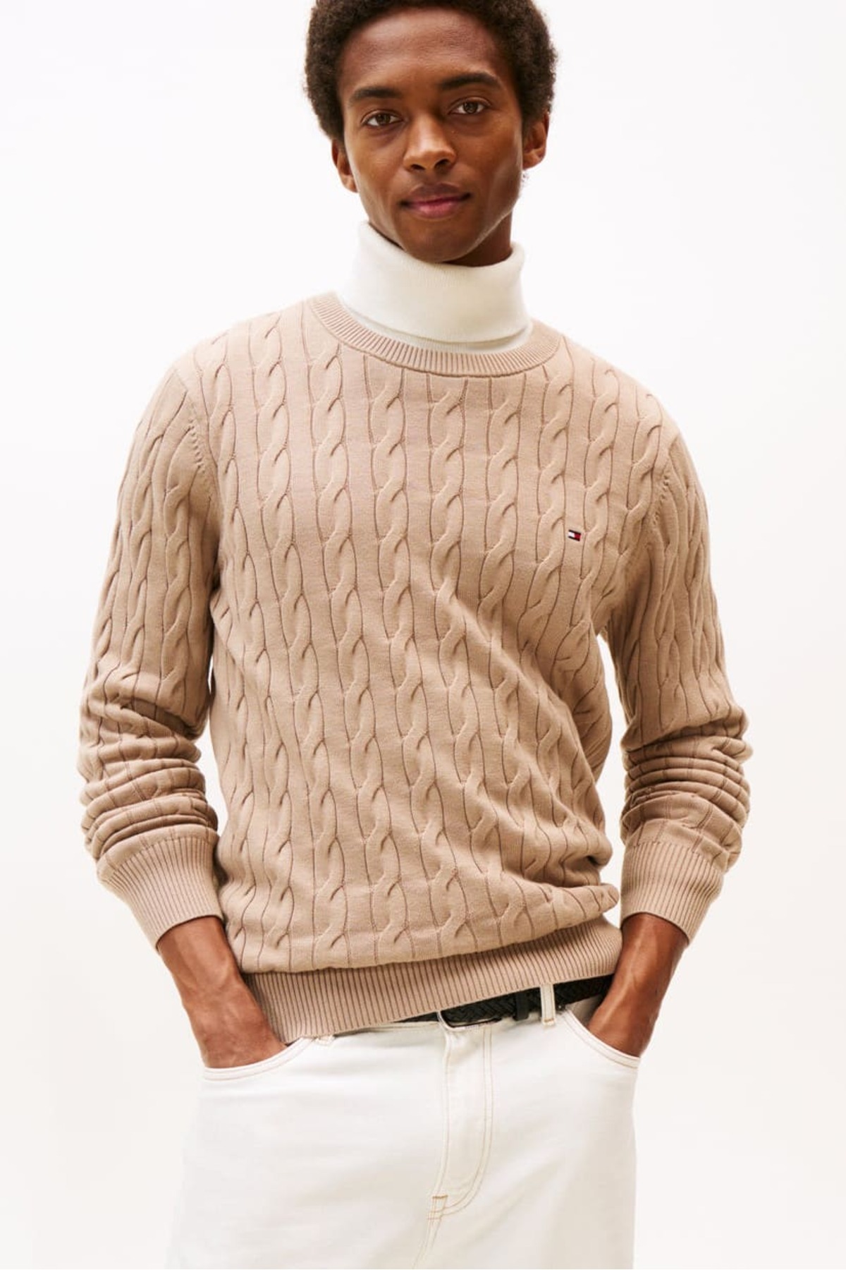 تامی هیلفیگر ژاکت بافتنی نخی مردانه یقه گرد - بژ