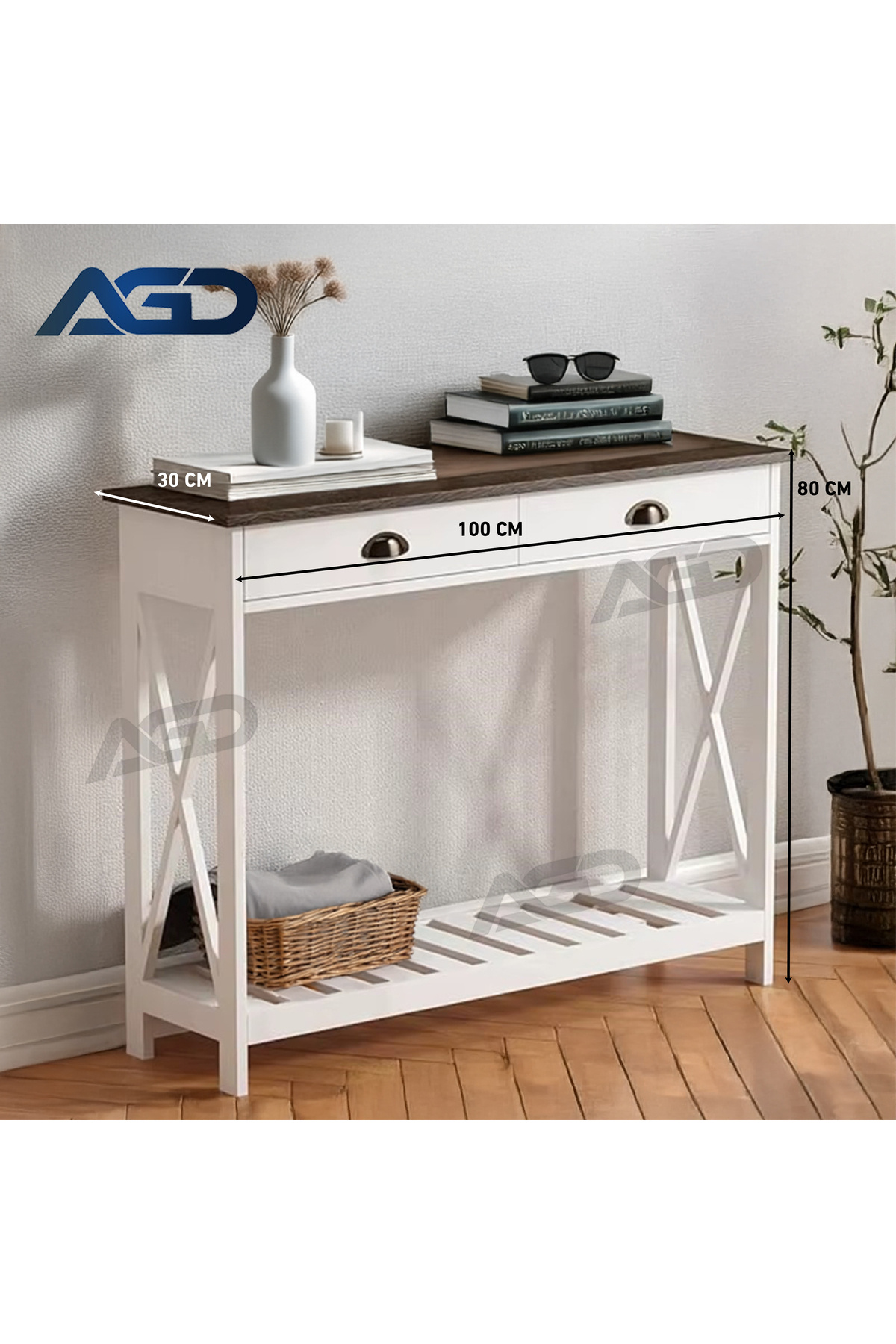 AGD-Stylish Wooden Entryway Sofa Table with Lower Storage Shelf, Narrow Side Table with Drawers 5