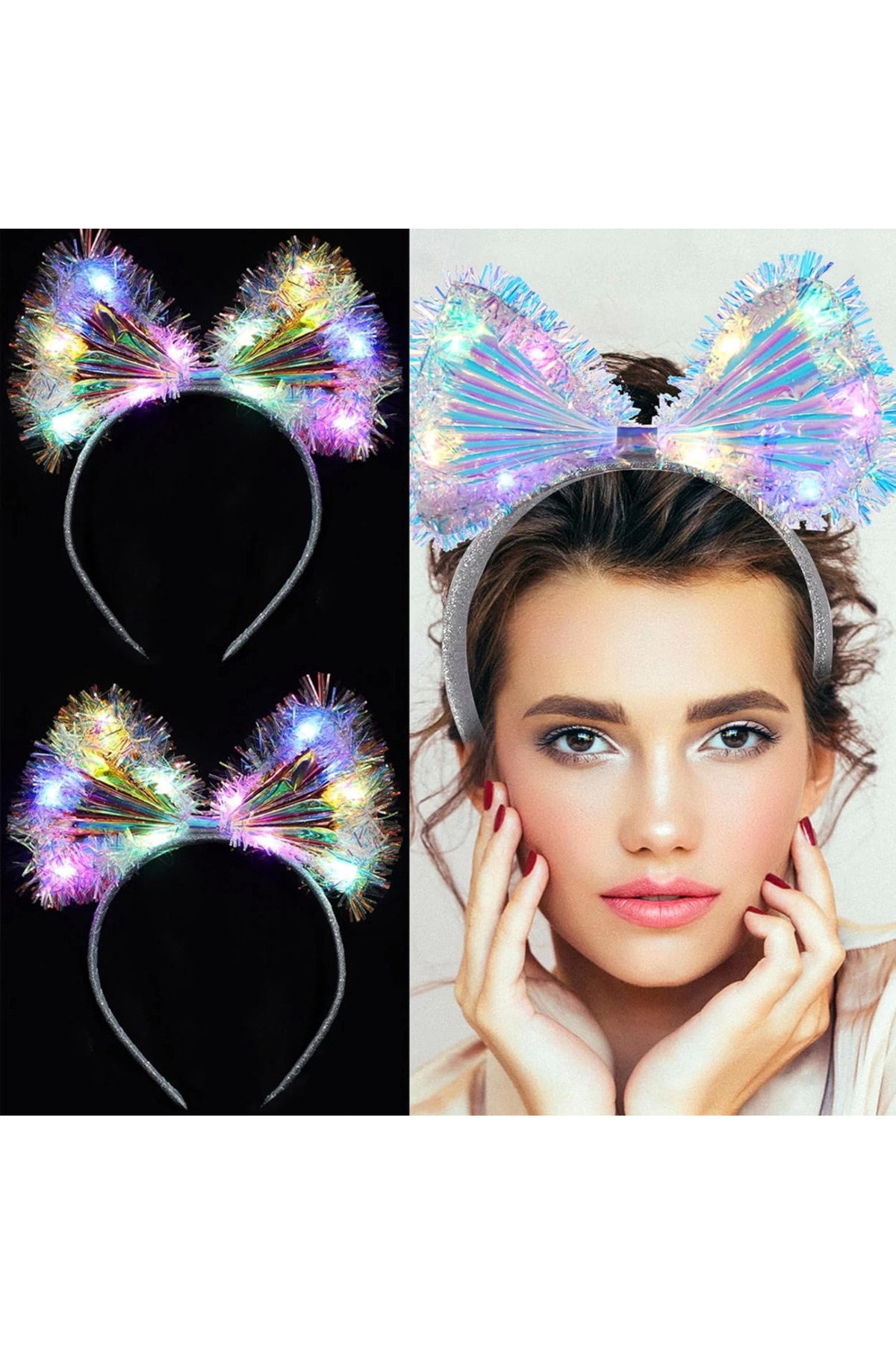 balal Işıltılı Fiber Fiyonk Gece Tacı Işıklı Ledli Eğlence Tacı 1 Adet 20x21 cm