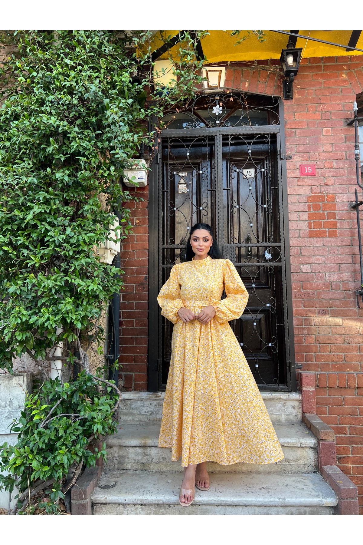 KÜÇÜĞÜM BUTİK  Tesettür Sarı Papatya Poplin Kloş Elbise - Görsel 3