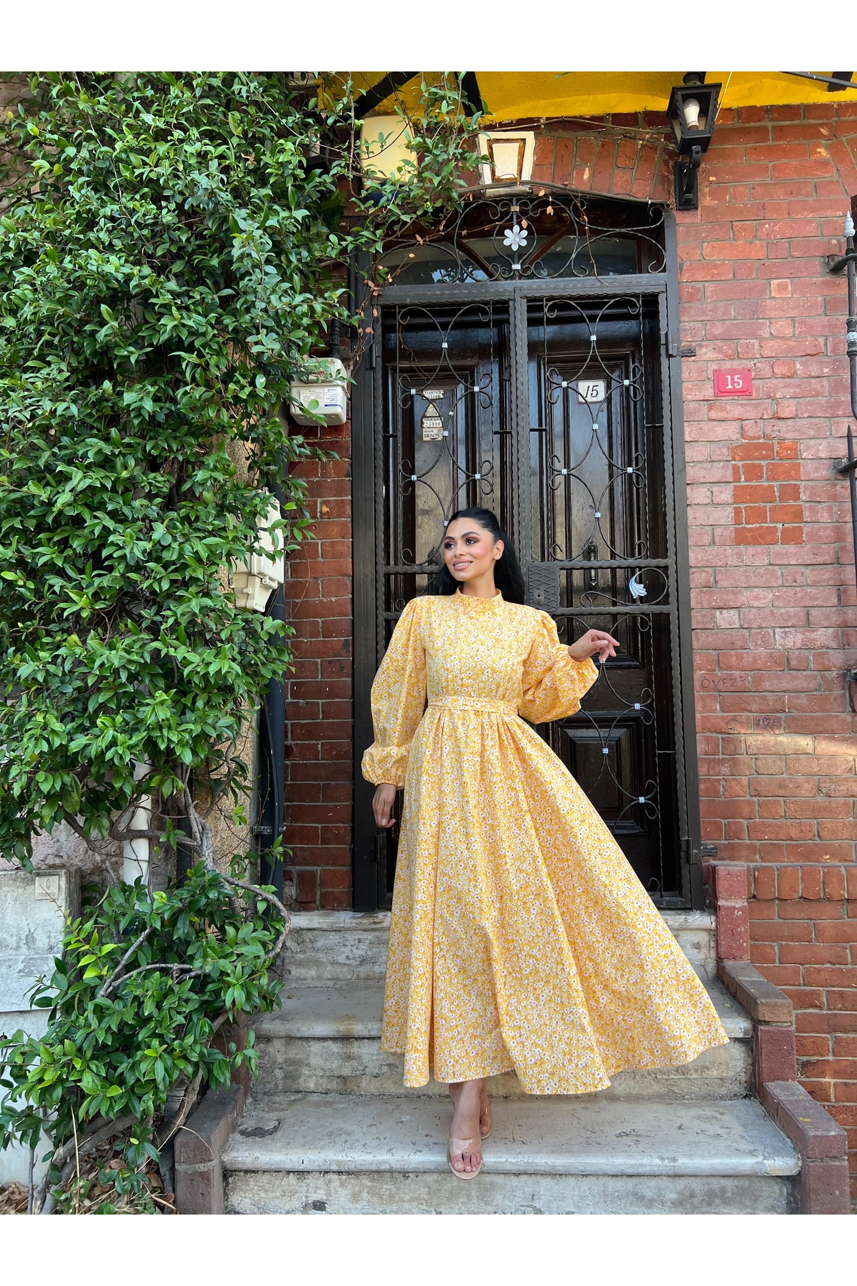 KÜÇÜĞÜM BUTİK  Tesettür Sarı Papatya Poplin Kloş Elbise - Görsel 8