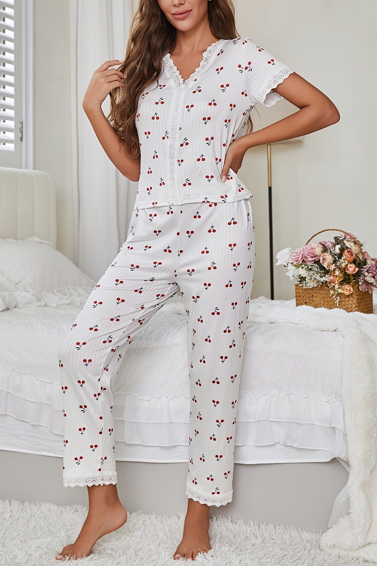 Merry See Speciální pletená látka Guipure Lace Cherry s potiskem, pyžamový set s krátkým rukávem