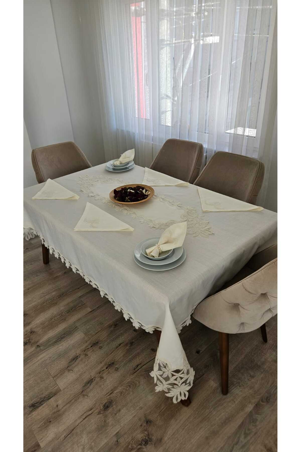 Luxury Gardenia Linen 8-Person 18-Piece Heavy Lace Stainproof Tablecloths -160x200...160x300