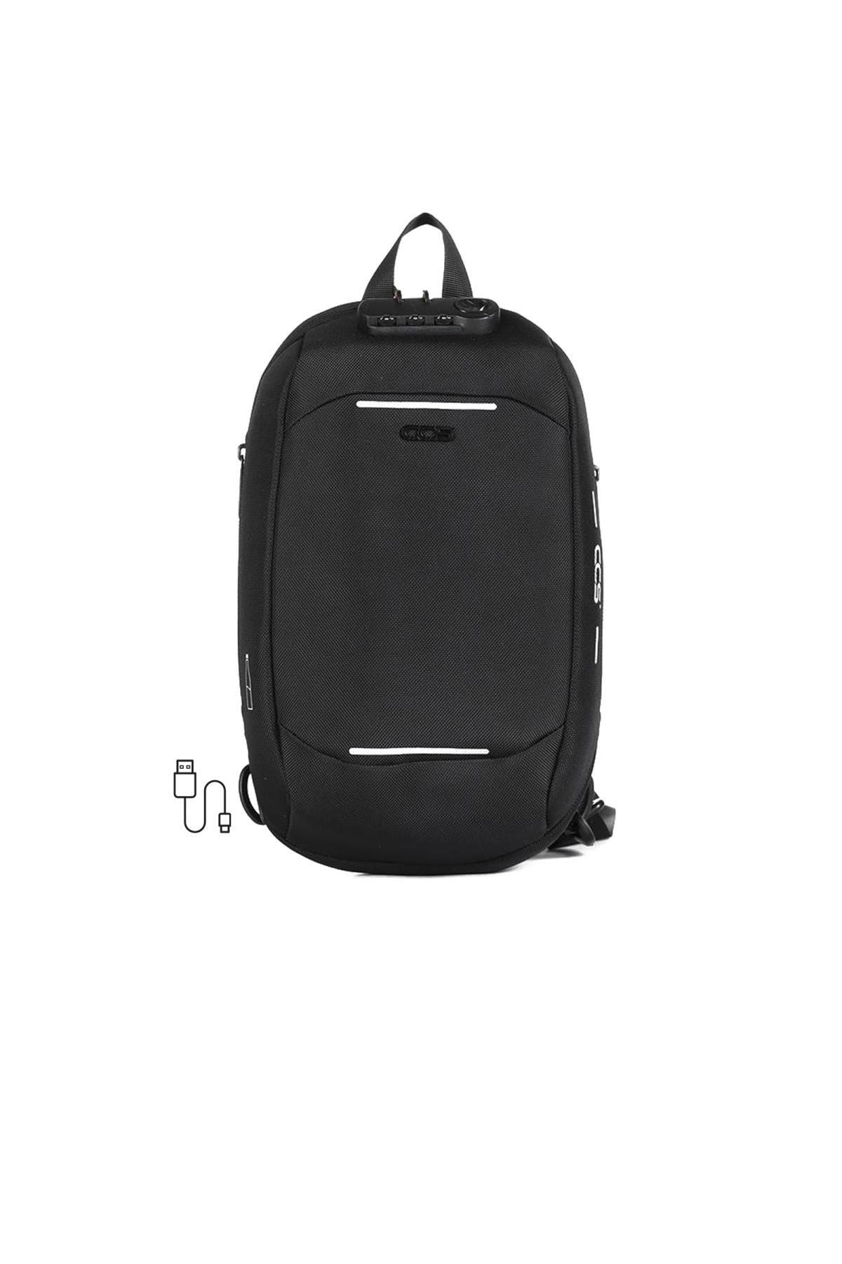 WALKWAY-Black Shoulder Bag with USB Port with Lock Ccs London 31301 2