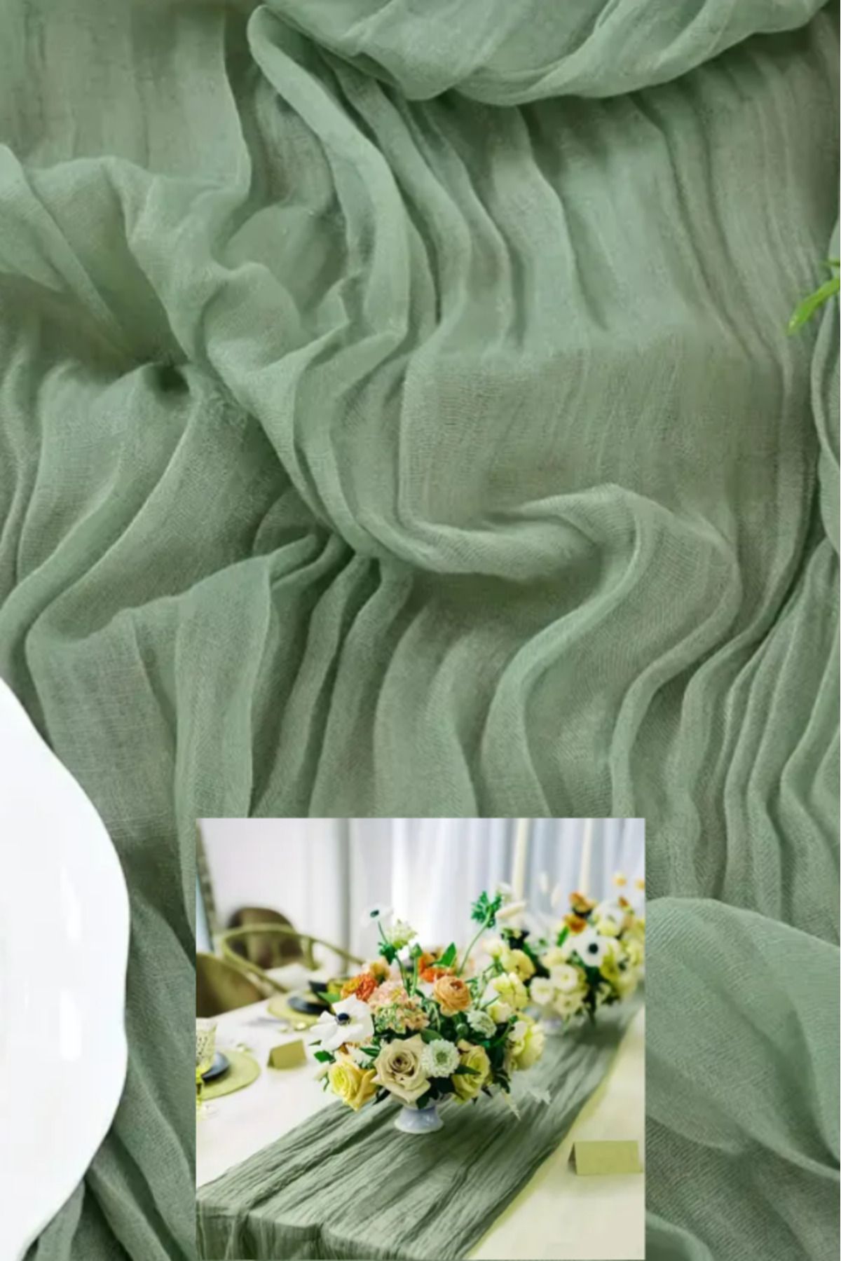 Hobi Goom-Rustic Green Chiffon Draped, Wrinkled Textured Decorative Fabric Bohemian Table Runner |   180X80Cm 2