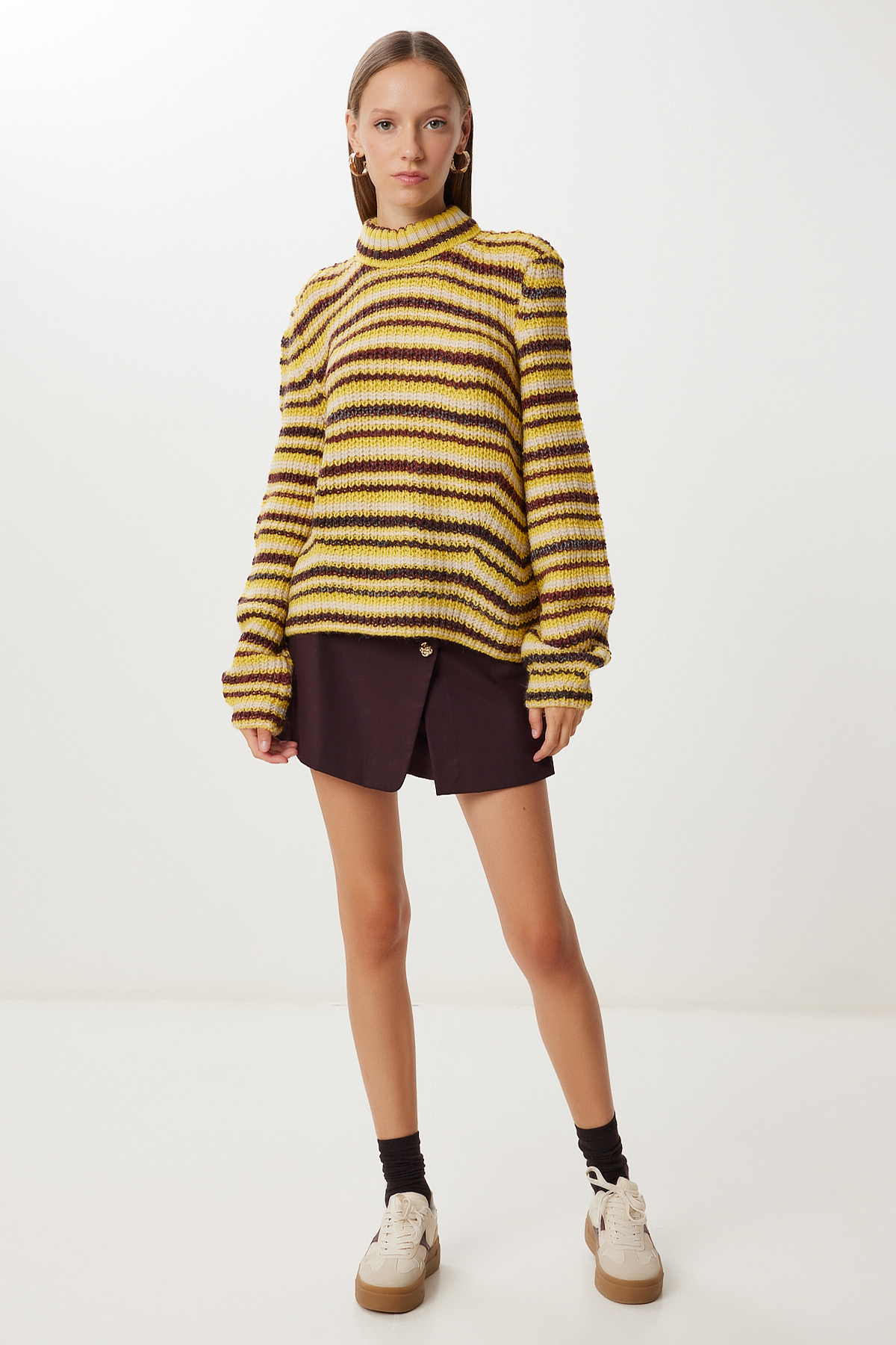Happiness İstanbul Women's Yellow Bone Striped Knitwear Sweater