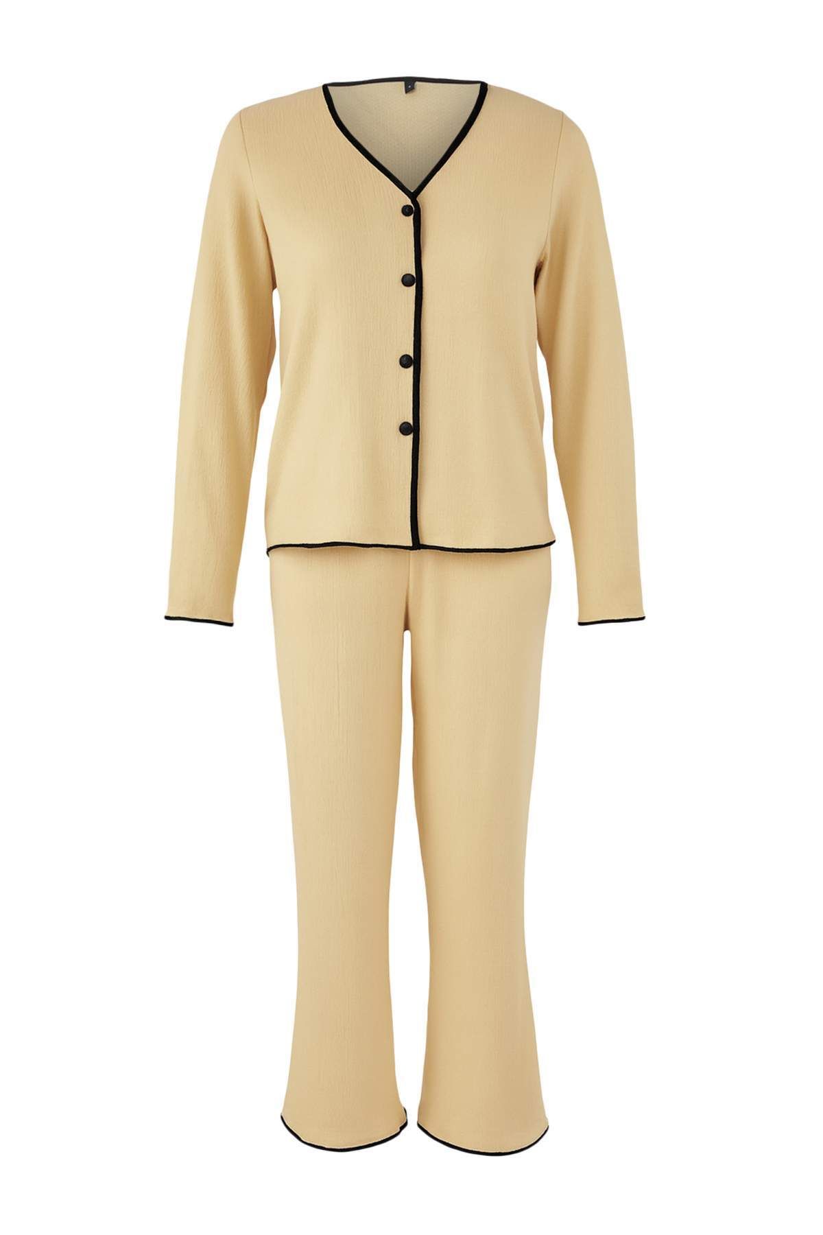 Trendyol Collection-Beige Button and Bias Textured Wrap Knitted Pajama Set Thmaw26Pt00097 5