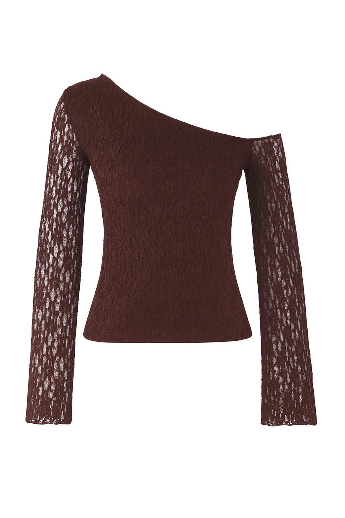 Trendyolmilla  Kahverengi Dantel Asimetrik Yaka Fitted/Vücuda Oturan Örme Bluz TWOAW26BZ00036 - Görsel 5