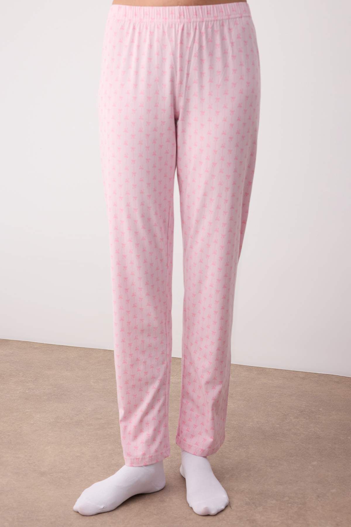 Trendyol Collection-Pink Cotton Lycra Soft Tuuse Ribbon/Bow Pattern Knitted Pajamas Set Thmaw26Pt00073 3