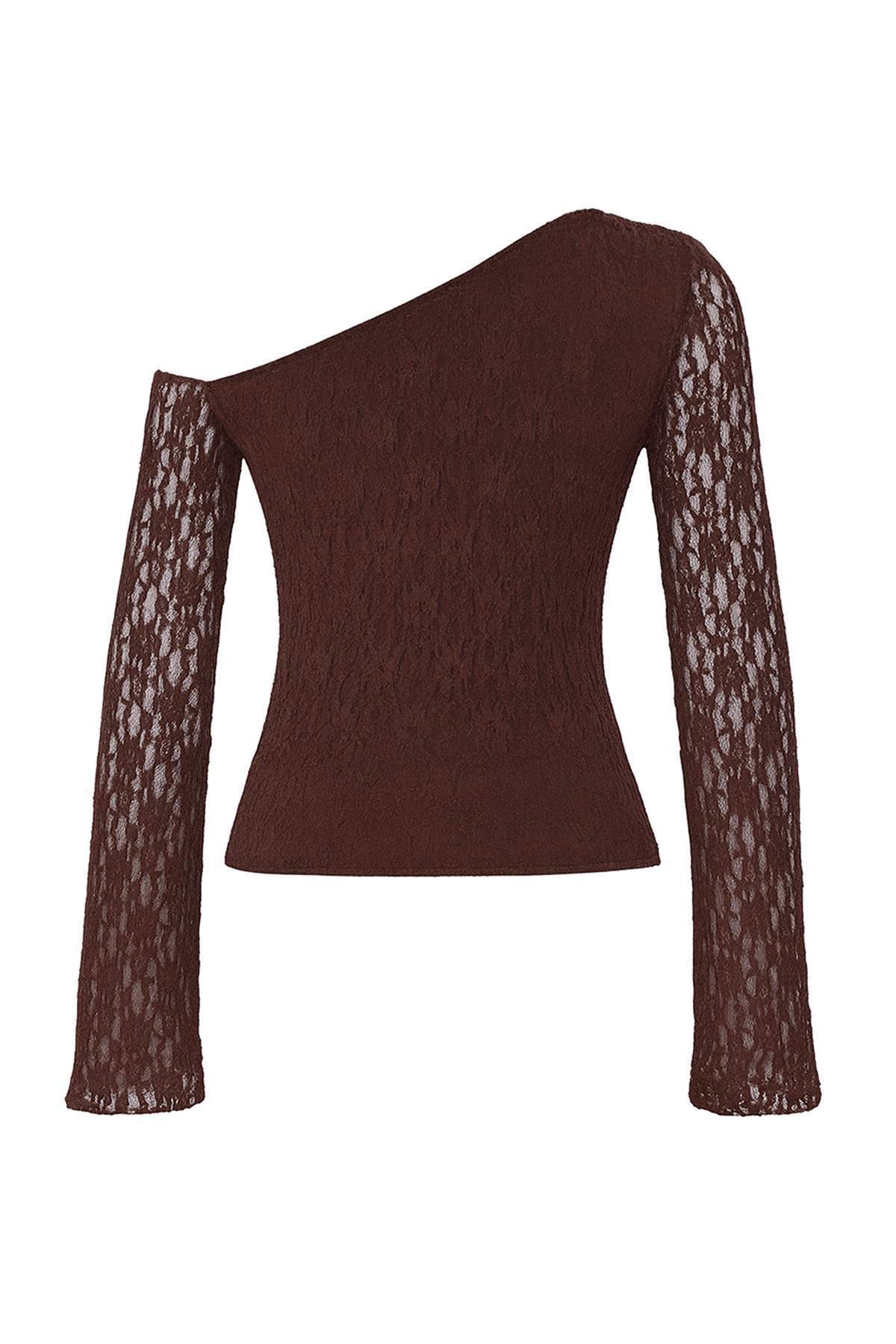 Trendyolmilla  Kahverengi Dantel Asimetrik Yaka Fitted/Vücuda Oturan Örme Bluz TWOAW26BZ00036 - Görsel 6