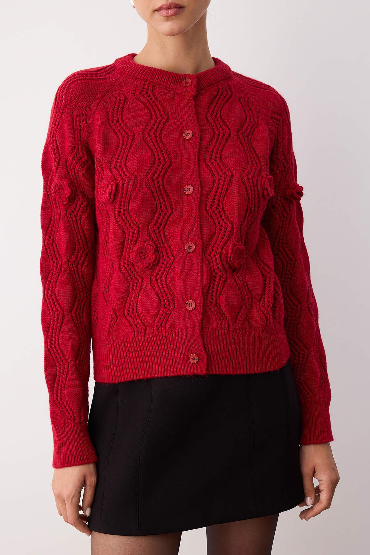 Trendyolmilla  Kırmızı Ajurlu Gül Detaylı Yumuşak Dokulu Triko Hırka TWOAW26HI00071 - Görsel 3