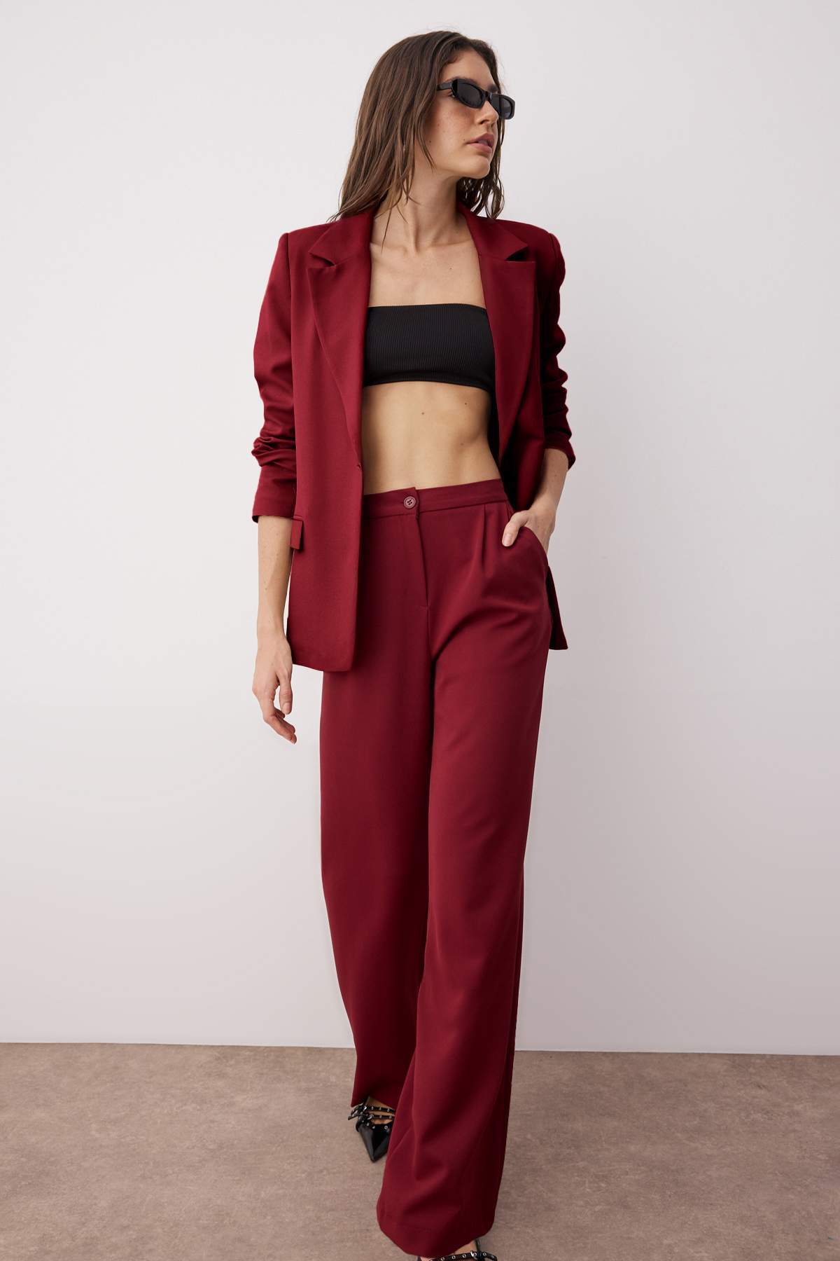 Trendyolmilla  Bordo Wide Leg/Geniş Paça Dokuma Kumaş Pantolon TWOAW22PL0139 - Görsel 2