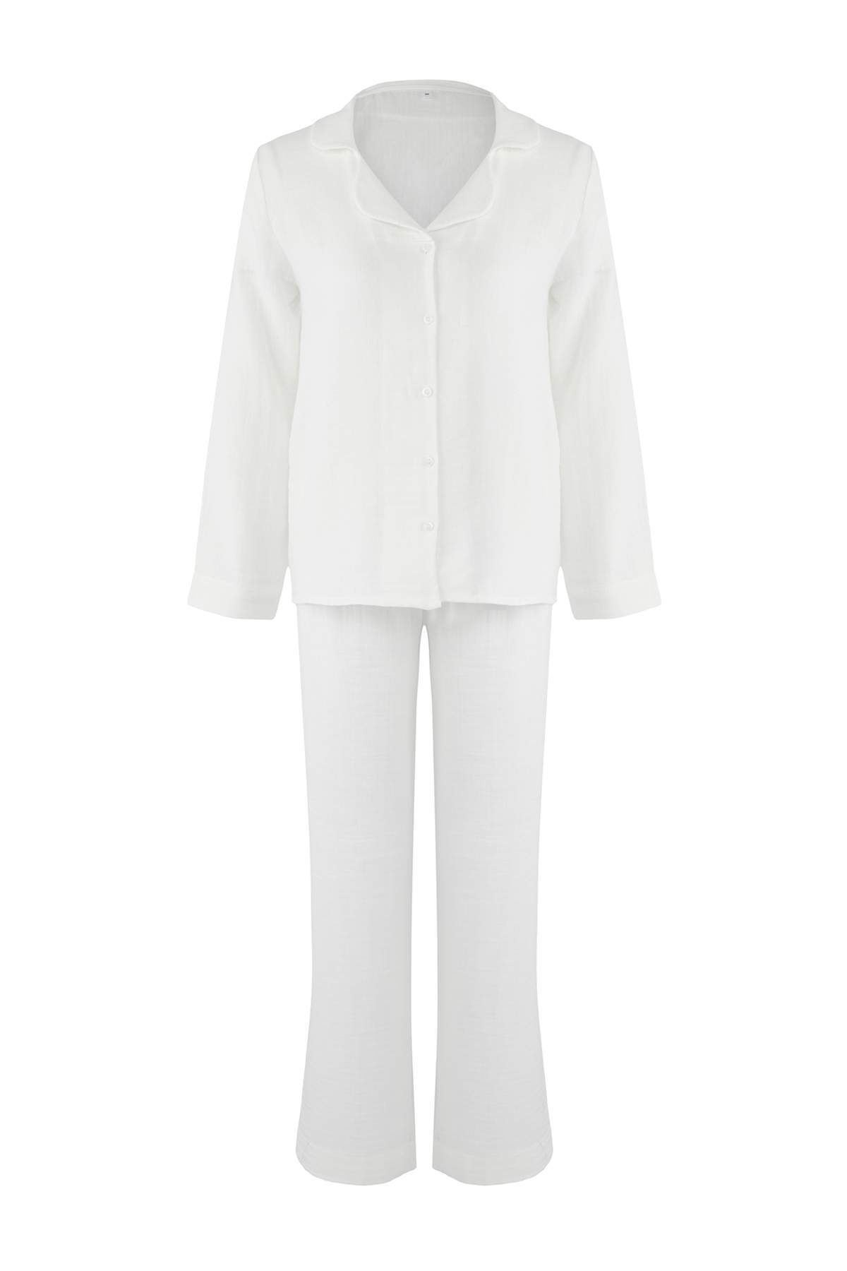 Trendyolmilla  Ekru %100 Pamuklu Cepli Müslin Kumaş Dokuma Pijama Takımı THMAW26PT00023 - Görsel 5