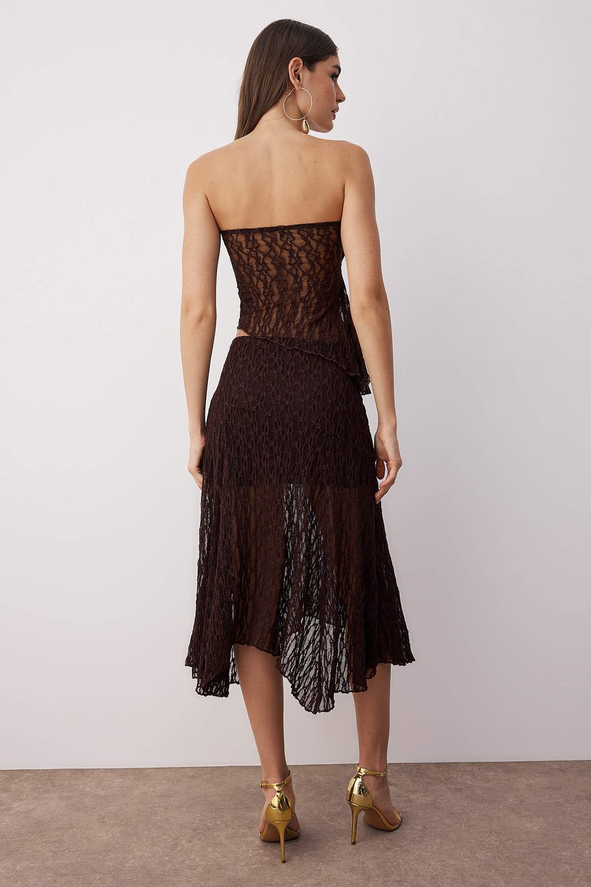 Trendyolmilla  Kahverengi Düz Straplez Kolsuz Örme Dantel Şık/Gece Alt - Üst Takım TPRSS25AU00011 - Görsel 4