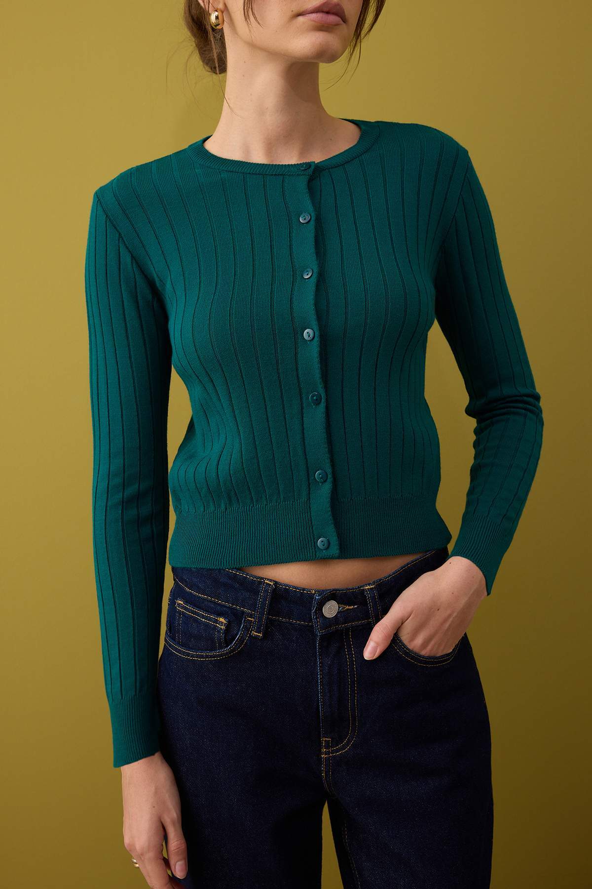 Trendyolmilla  Koyu Yeşil 2'li Basic Triko Hırka-Bluz Takım TWOAW26HI00213 - Görsel 3