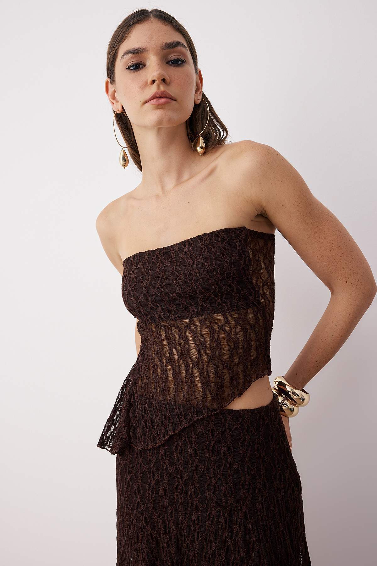 Trendyolmilla  Kahverengi Düz Straplez Kolsuz Örme Dantel Şık/Gece Alt - Üst Takım TPRSS25AU00011 - Görsel 3