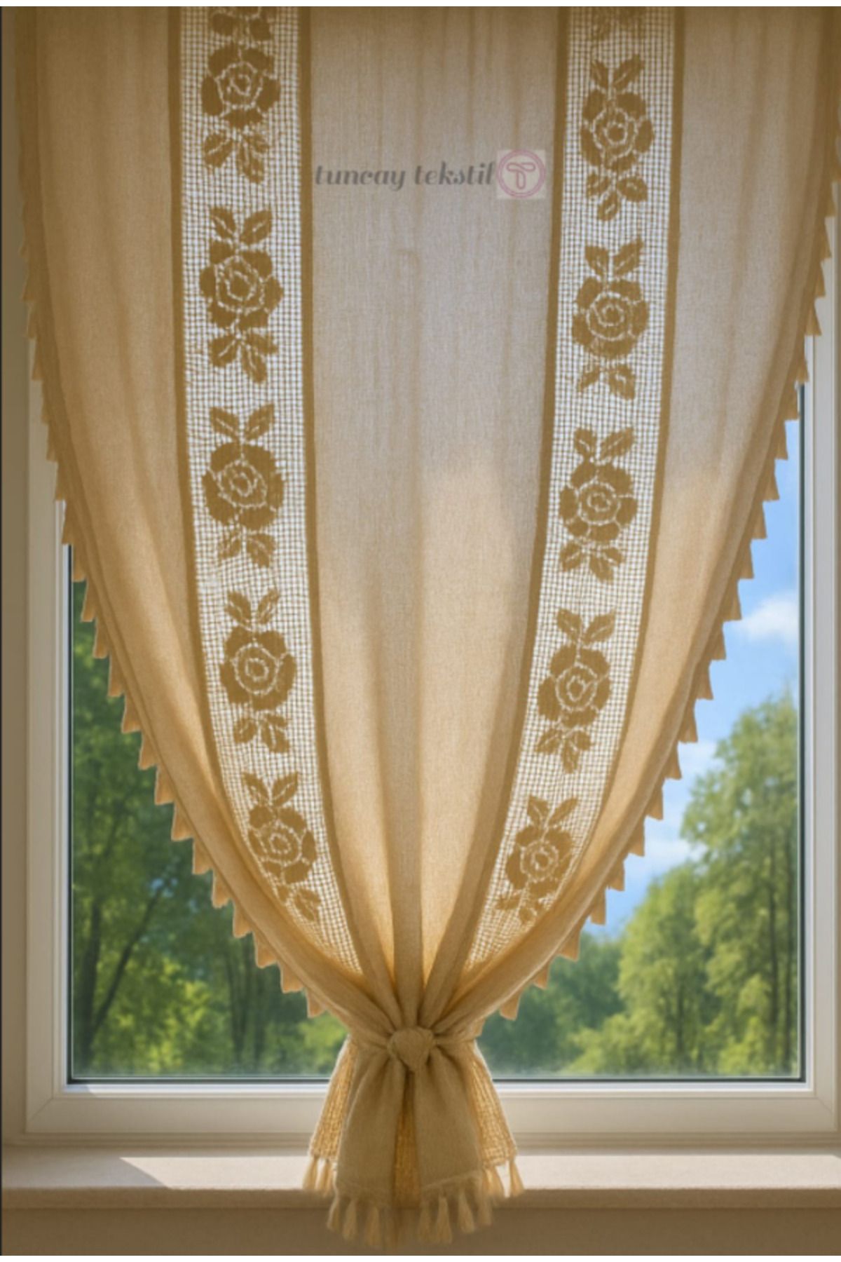 TUNCAY TEKSTİL-Ara Rose Linen Buldan Basement Authentic Pom Pom Curtain Width X Boy Rustic and Compatible with Cornice 3