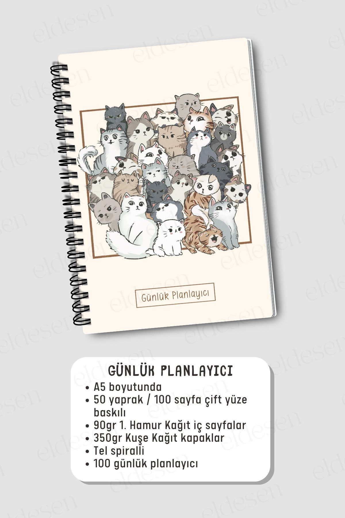 Eldesen Tasarım-Daily Planner A5 Notebook, Notes, to Do, Flexible Cardboard Cover, 100 Days, with Cat 6