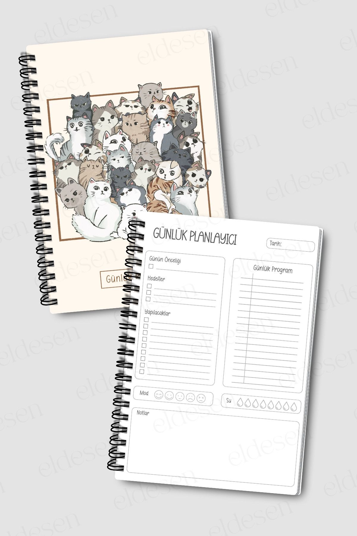 Eldesen Tasarım-Daily Planner A5 Notebook, Notes, to Do, Flexible Cardboard Cover, 100 Days, with Cat 7