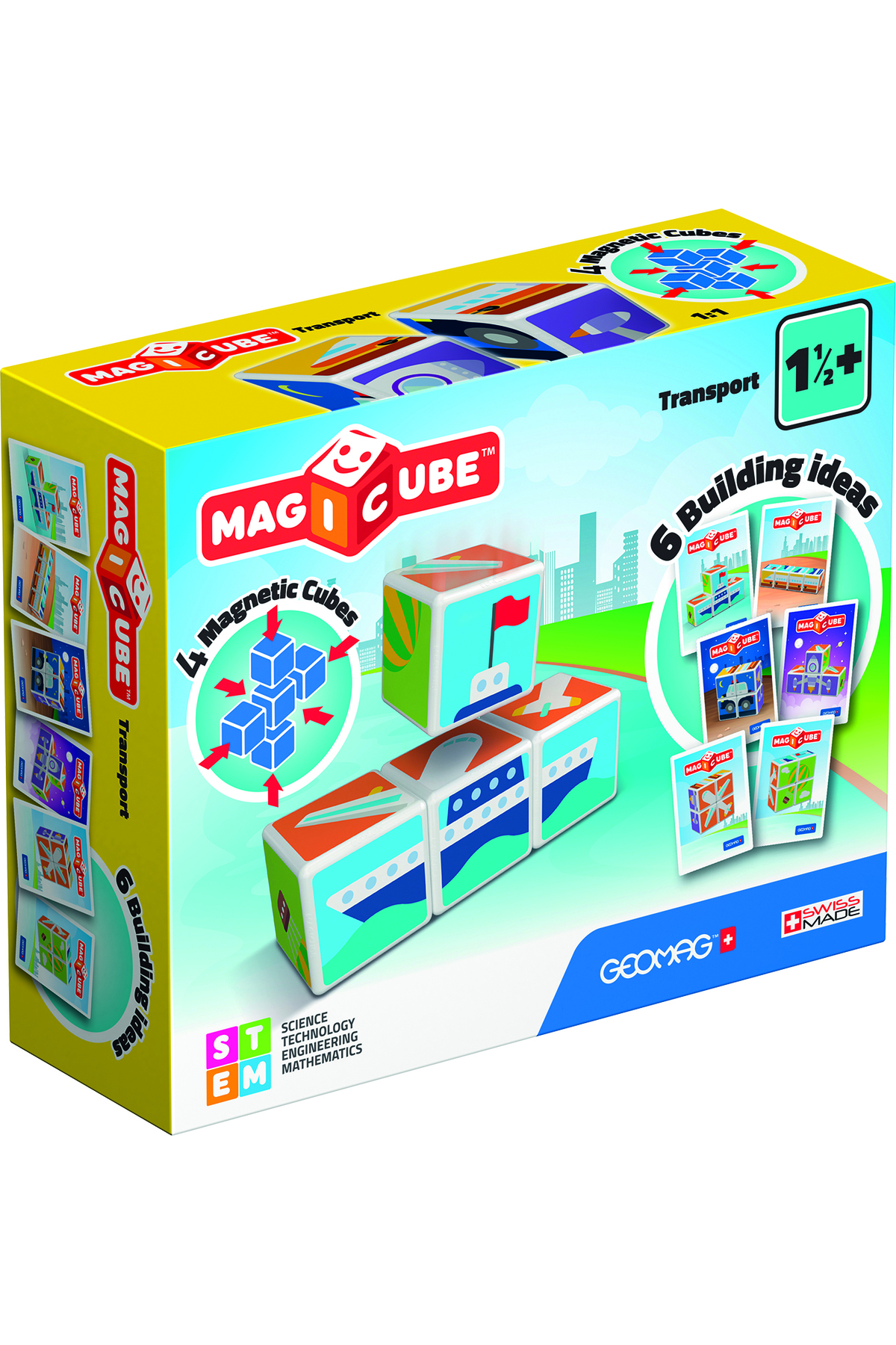 مکعب حمل‌ونقل چاپ‌شده مجیکوب همراه با مکعب‌های مغناطیسی و کارت‌ها، ۷ تکه