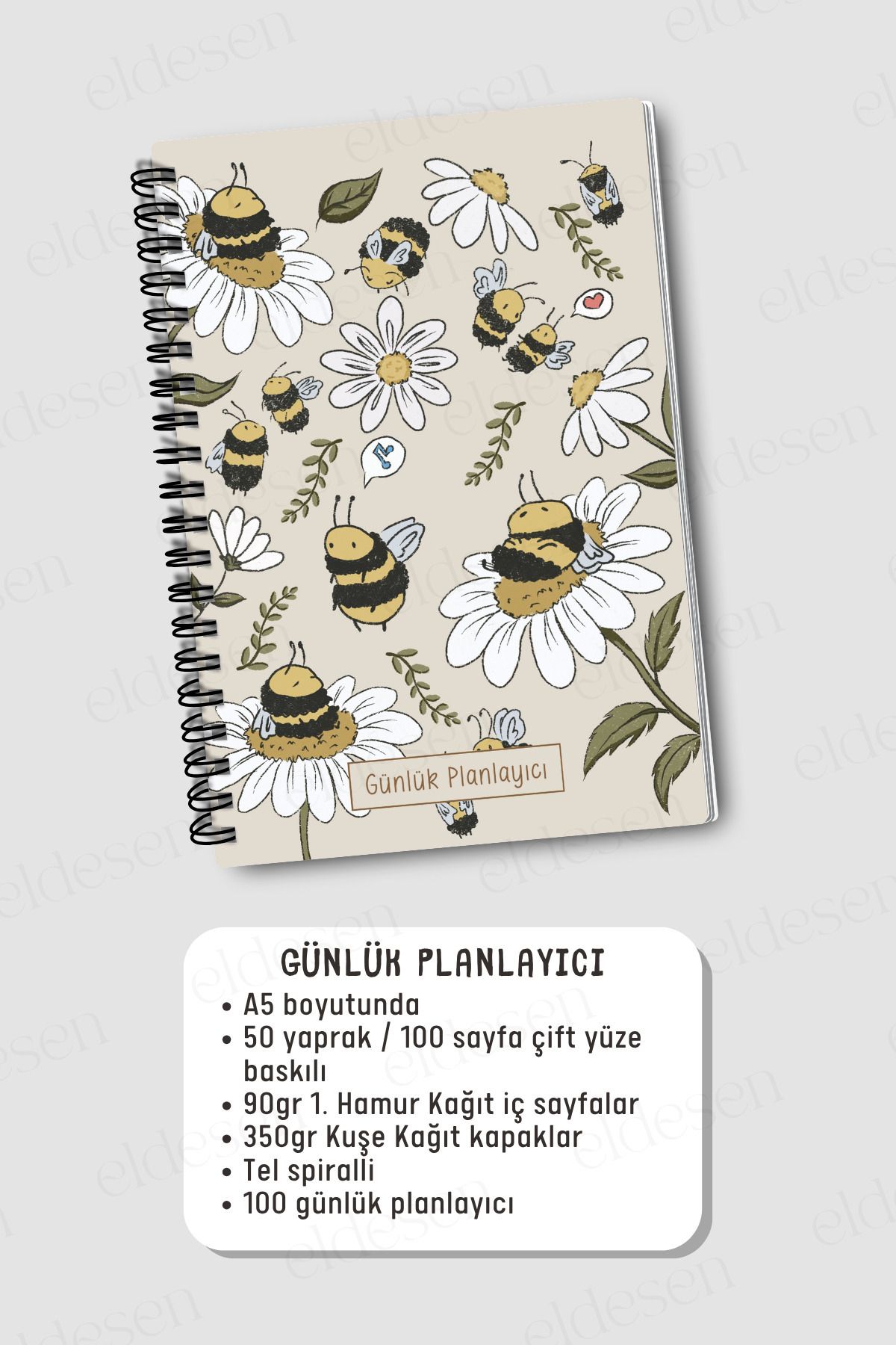Eldesen Tasarım-Daily Planner A5 Notebook, Notes, to Do, Flexible Cardboard Cover, 100 Days, with Bee 6