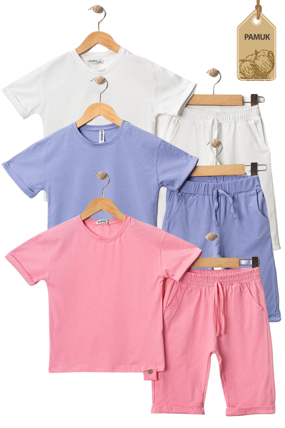 Kız Erkek Çocuk Basic Tshirt Kapri - Yazlık Alt Üst Çocuk Takım (3'lü Set Pembe Beyaz Lila)