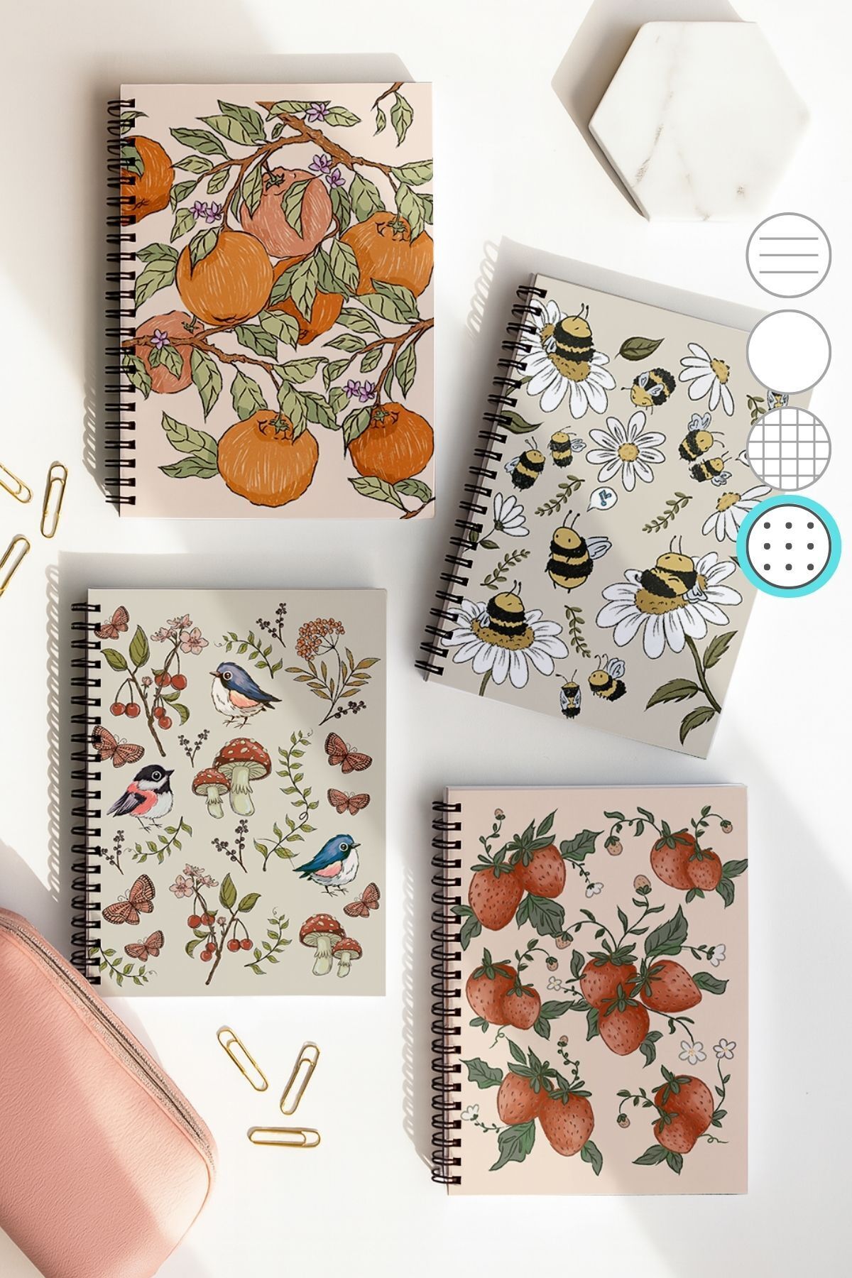 Eldesen Tasarım-School Notebook Set with Spiral Dots, A5 Size 50 Sheets 100 Sheets Set of 4, Fruit Set 1