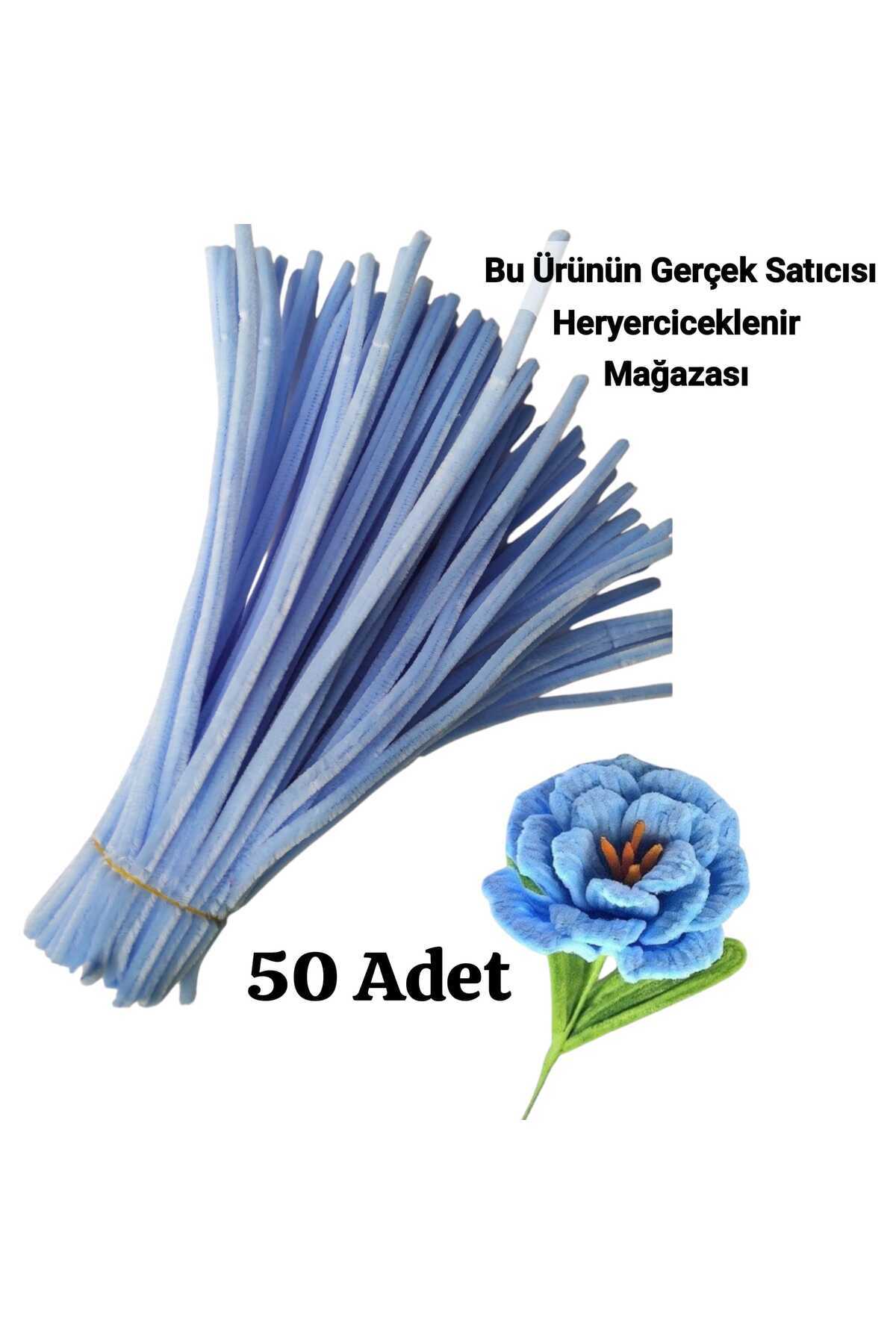 Butik 50 Adet Açık Mavi Şönil, Çiçek Yapımına Uygun Tüylü Tel, 30 Cm 6mm