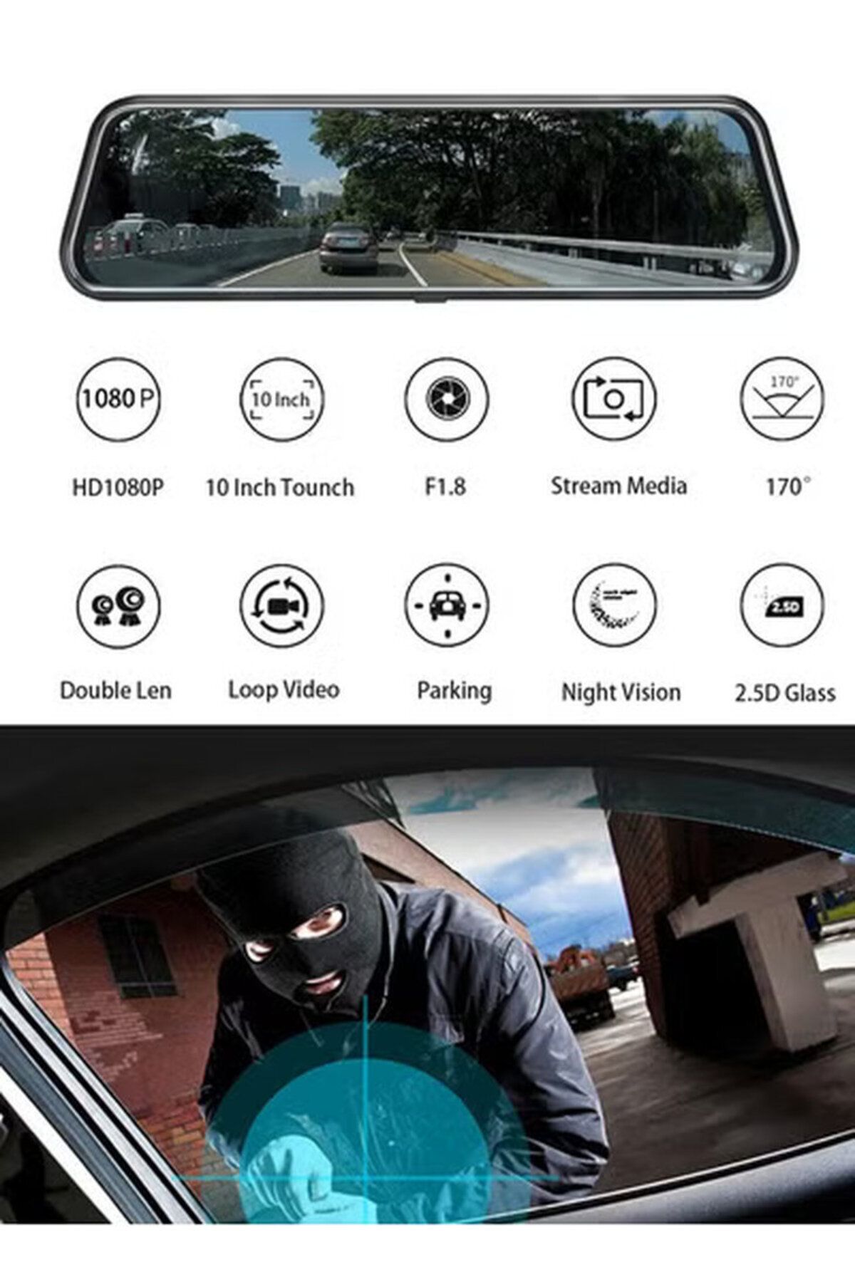Generic-10-inch Car Dash Cam with Rearview Mirror, Night Vision, 1080P FHD, Full Touchscreen, 170°, WiFi 4