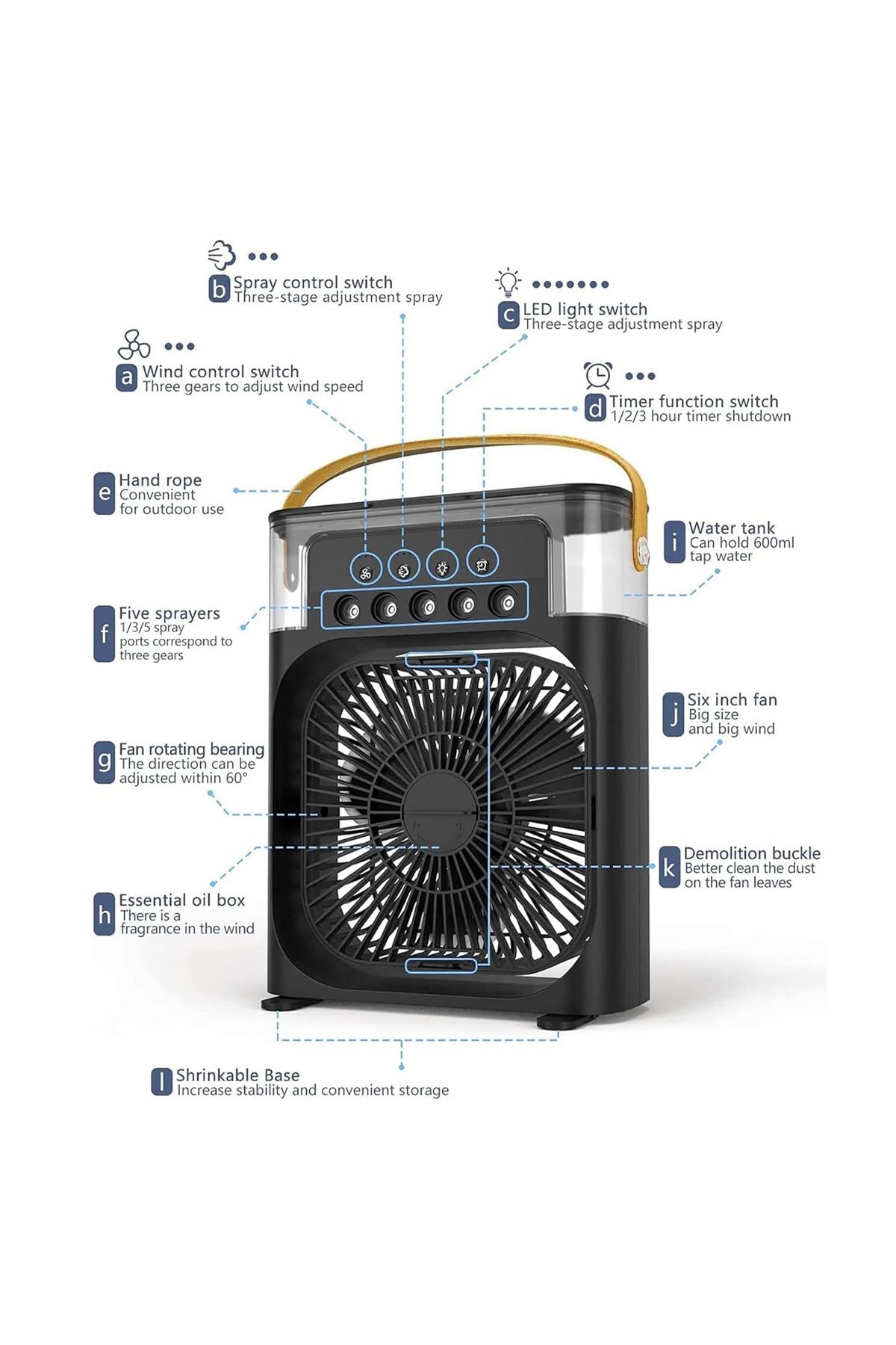 Generic-WEEDASI WD-3555 Portable Air Cooler Fan with Humidifier, LED Light, Timer, and Adjustable Fan Black 2