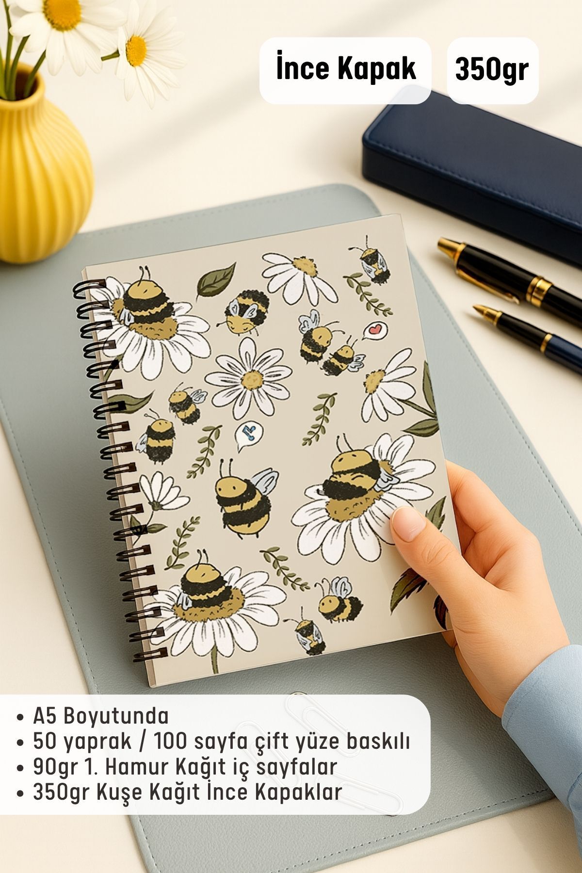 Eldesen Tasarım-Checkered and Striped Notebook Set, A5 Size 50 Sheets 100 Sheets Set of 2, with Bee 2