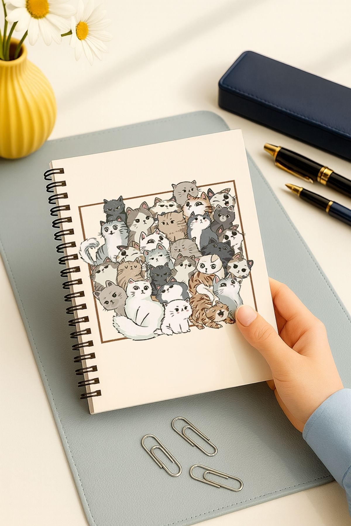 Eldesen Tasarım-Checkered and Striped Notebook Set, A5 Size 50 Sheets 100 Pages Set of 2, with Cat 3