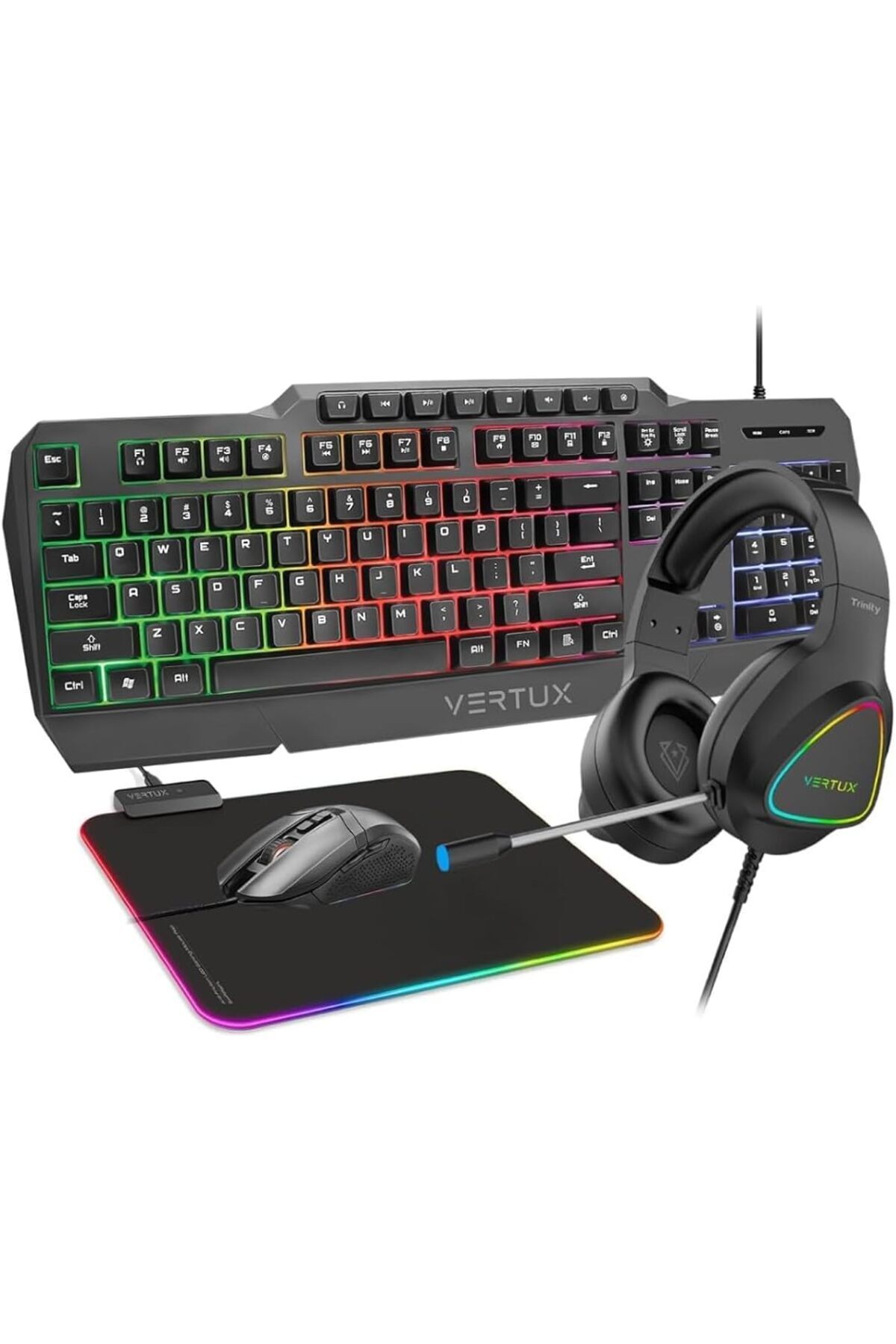 VERTUX-4 In 1 Gaming Starter Kit, LED Headphone With Mic, Ergonomic Keyboard, 3600DPI Mouse, LED MousePad 1