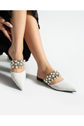LORENN SHOES Pearl Beyaz Hasır İnci Detaylı Kadın Terlik