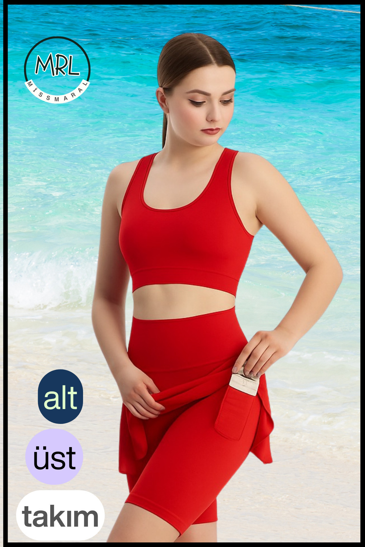 Women's Suit Bottom-Upper Biker Shorts Above Knee &Crop Bra Pad Supported Sea Pool Sports Red