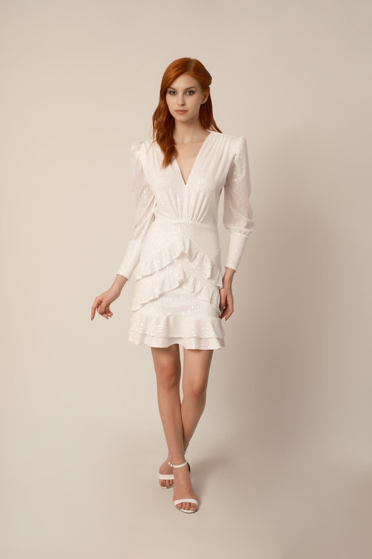 white watermelon sleeve v-neck sequined ruffle dress